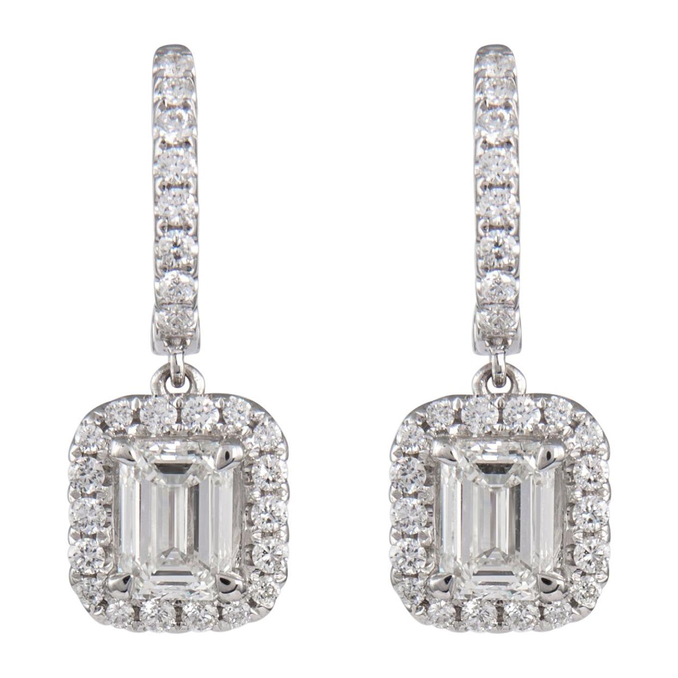 Alexander GIA 2.04ct Emerald Cut Diamond Drop Earrings with Halo 18k White Gold For Sale