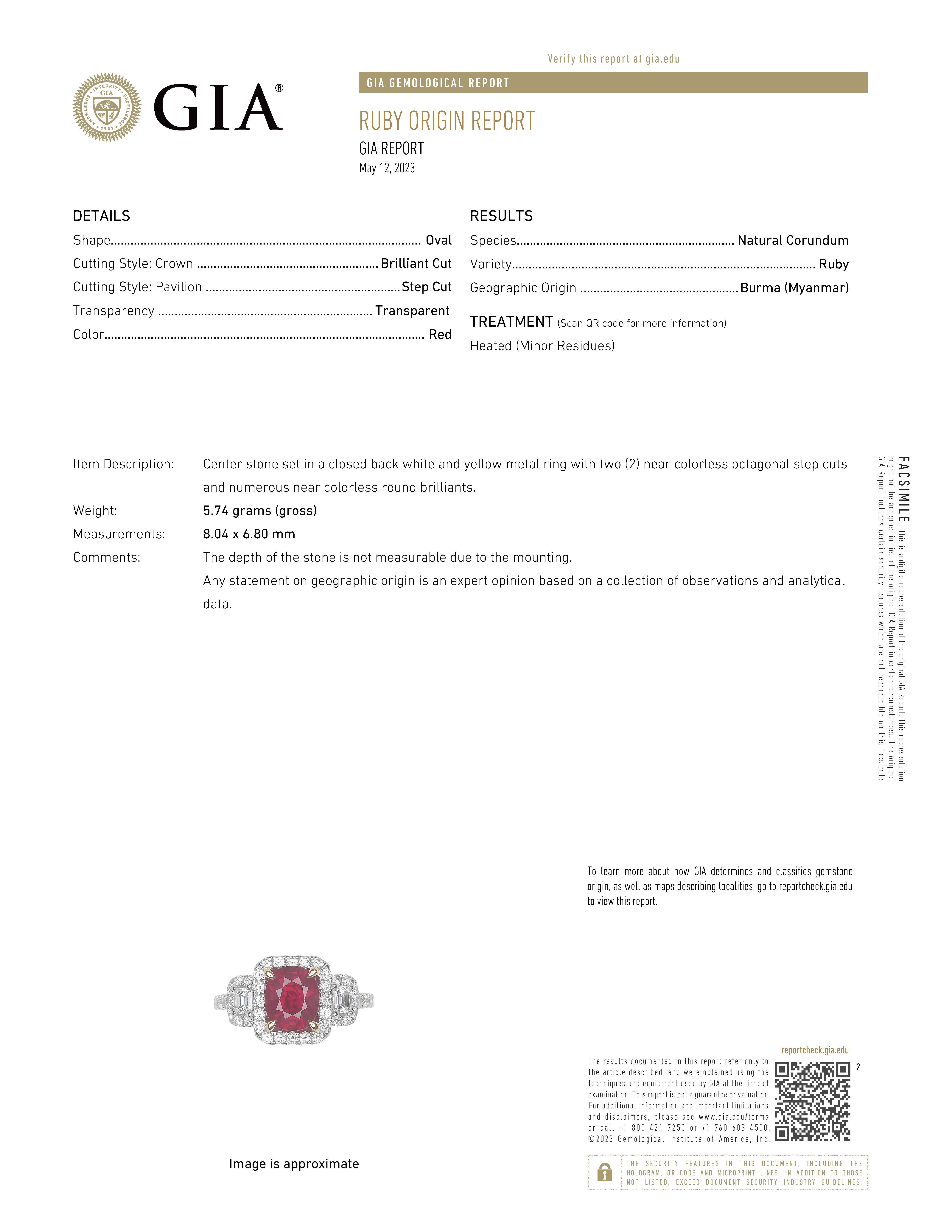 Contemporary Alexander GIA 2.14 Carat Burmese Ruby & Diamond Three Stone Halo Ring 18k Gold For Sale