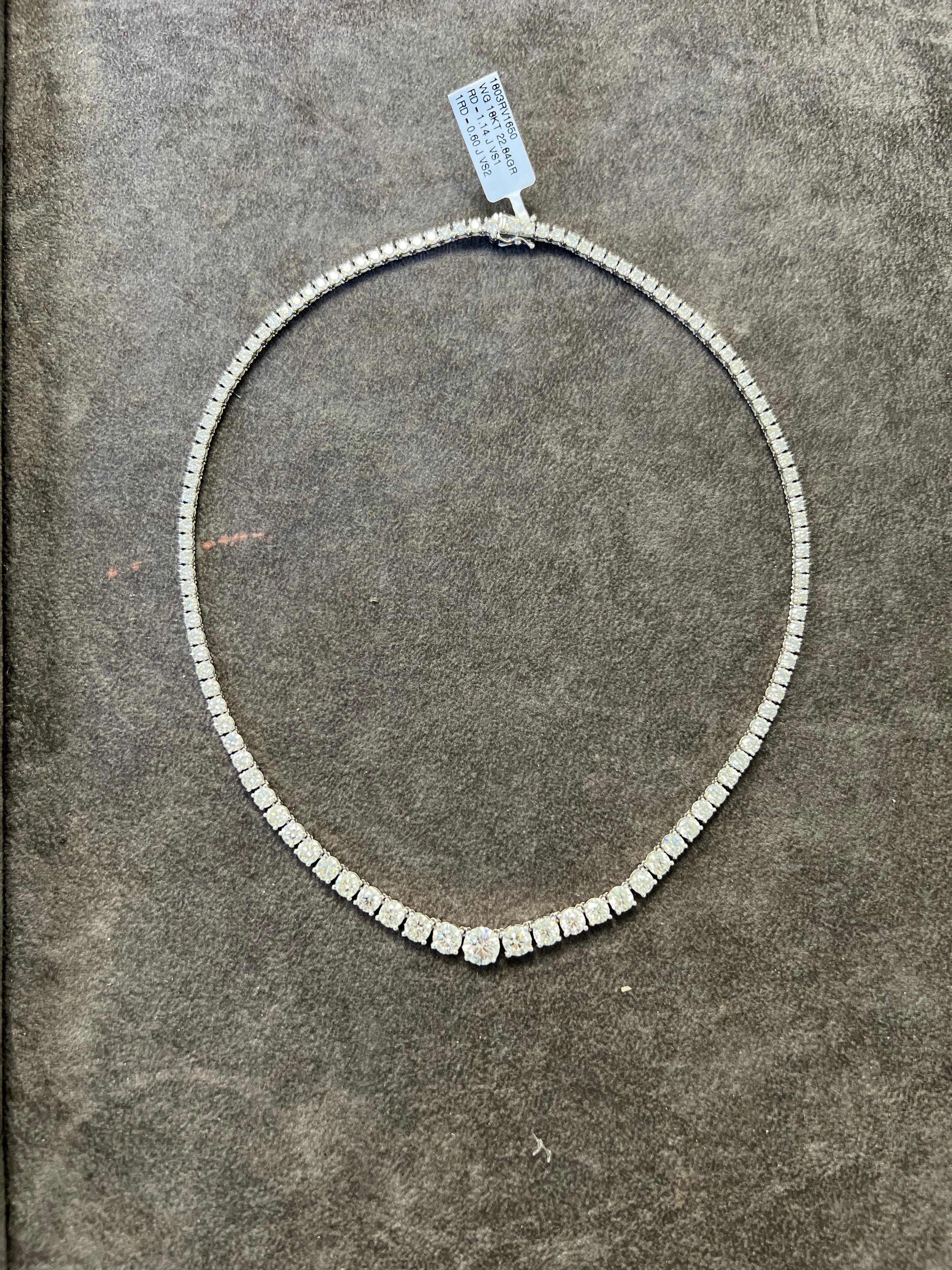 Beautiful and classic diamond tennis riviera necklace, GIA certified, by Alexander Beverly Hills.
18.03 carats total diamond weight
Center stone 1.14ct GIA certified. 
115 round brilliant diamonds, 18.03 carats, 3 stones GIA certified. Approximately