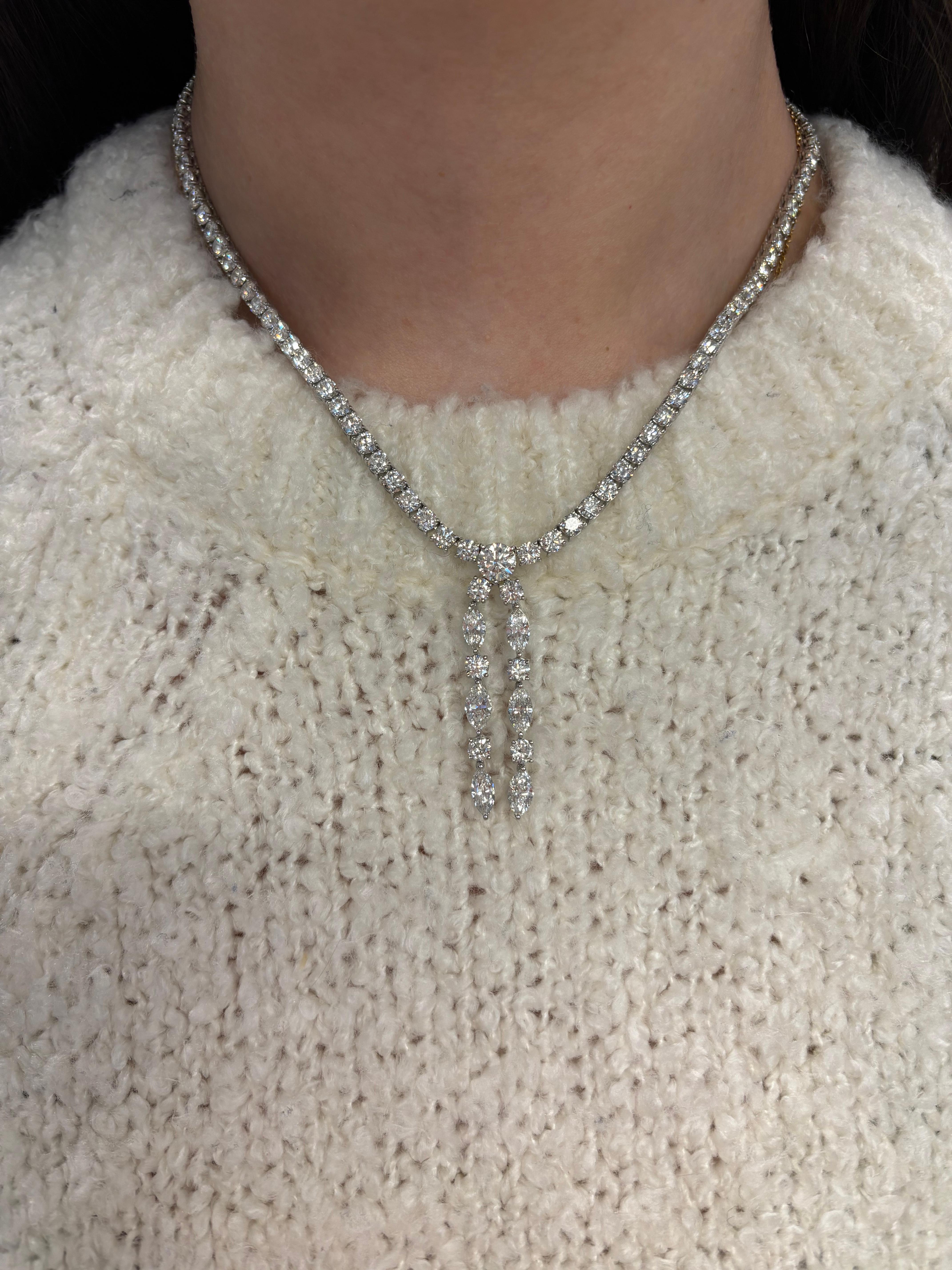 Contemporary Alexander GIA 23.21ct Round & Marques Diamond Drop Tennis Necklace 18k Gold For Sale
