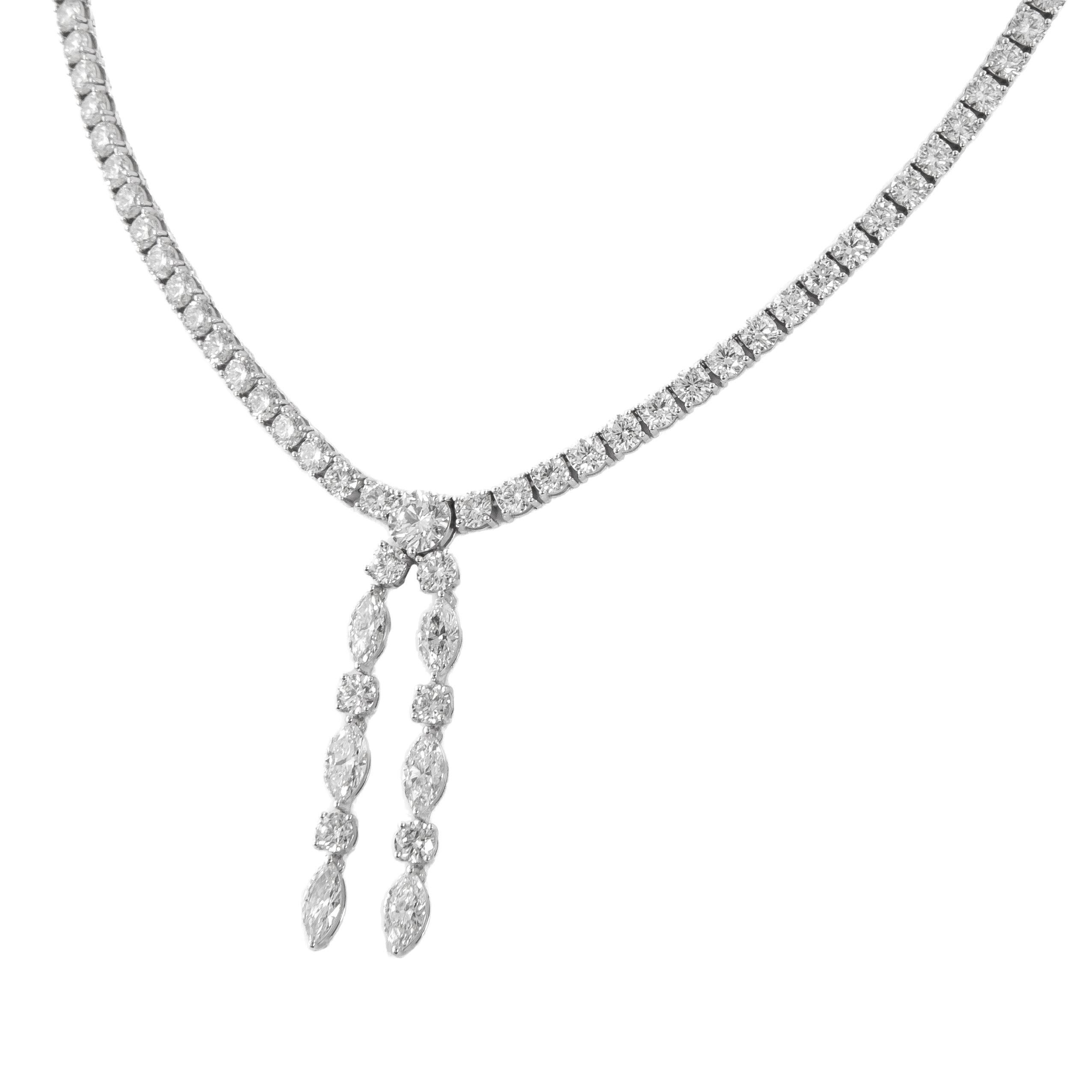 Round Cut Alexander GIA 23.21ct Round & Marques Diamond Drop Tennis Necklace 18k Gold For Sale