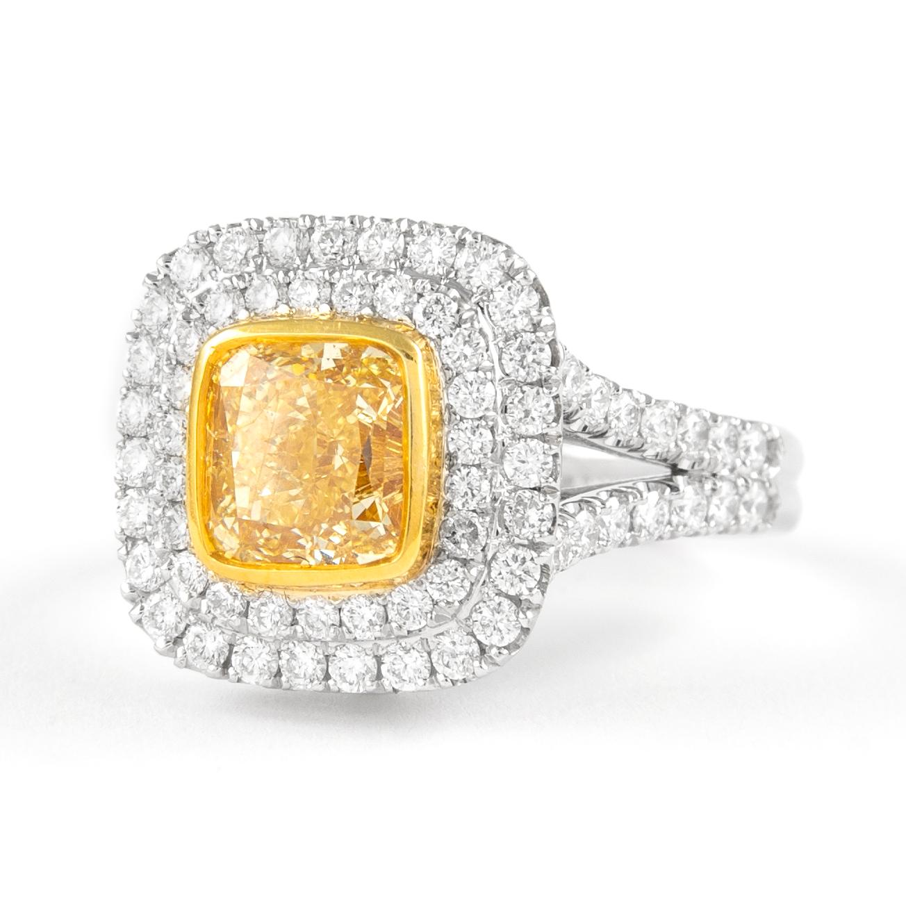 Contemporary Alexander GIA 2.32ct Fancy Yellow VS2 Cushion Diamond Double Halo Ring 18k For Sale