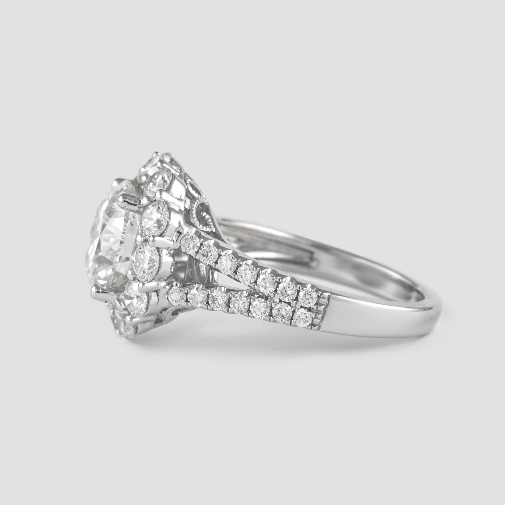 Women's Alexander GIA 2.70 Carat Round Cut Diamond with Halo Ring 18 Karat White Gold For Sale