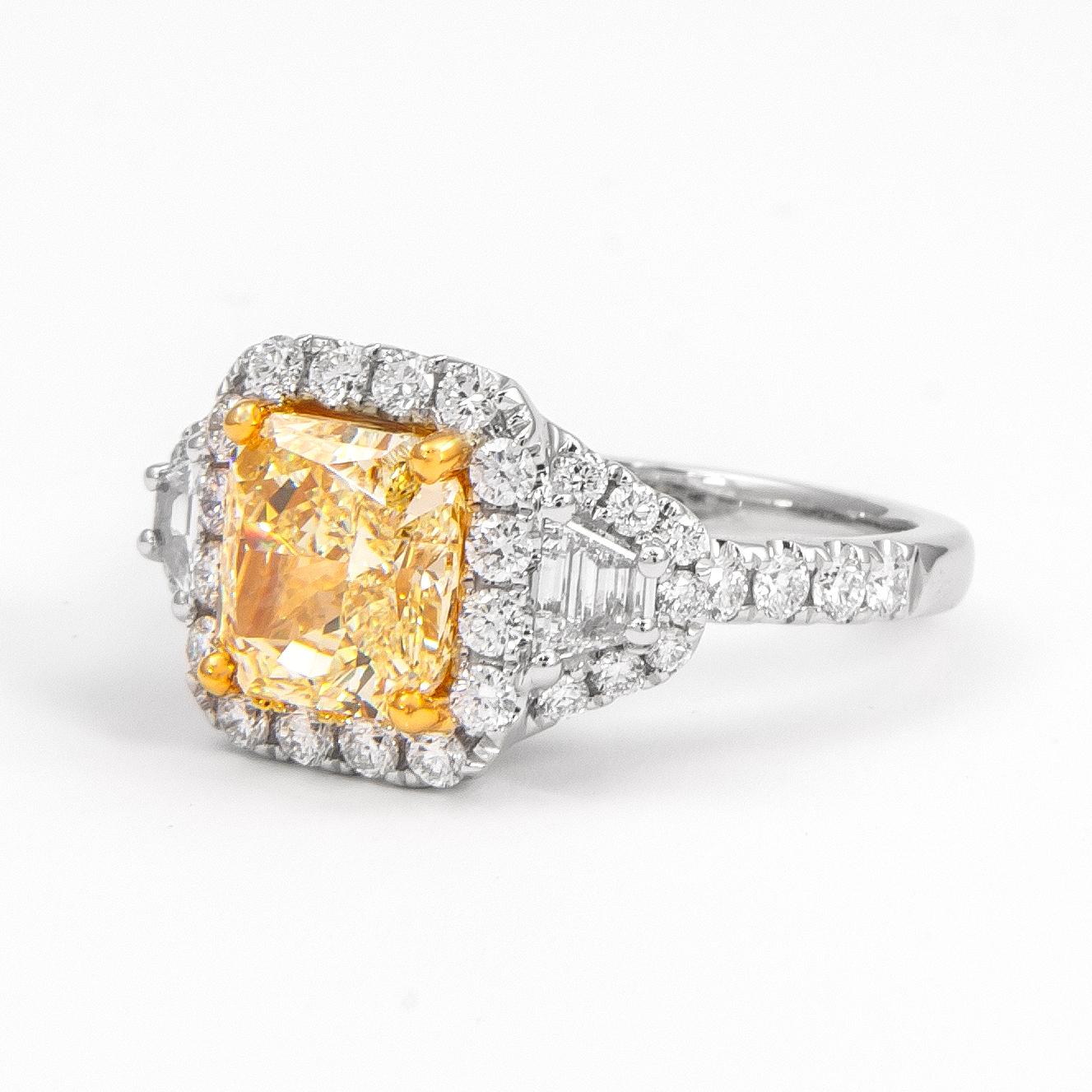 Radiant Cut Alexander GIA 2.96ctt Fancy Yellow VS1 Diamond Three-Stone Ring 18k Two Tone For Sale