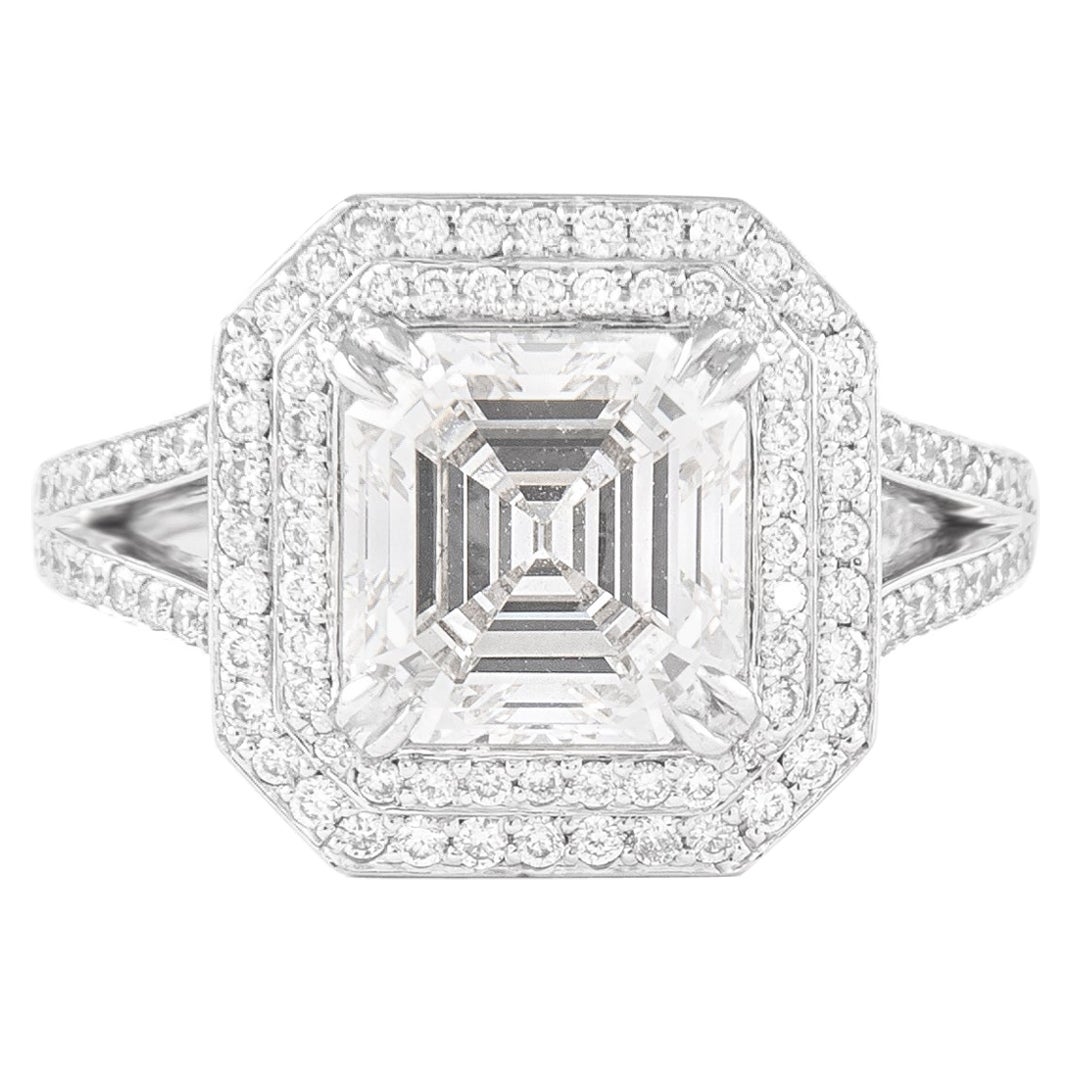 Alexander GIA 3,02 Karat F VS1 Asscher-Schliff Diamant-Doppel Halo-Ring 18k