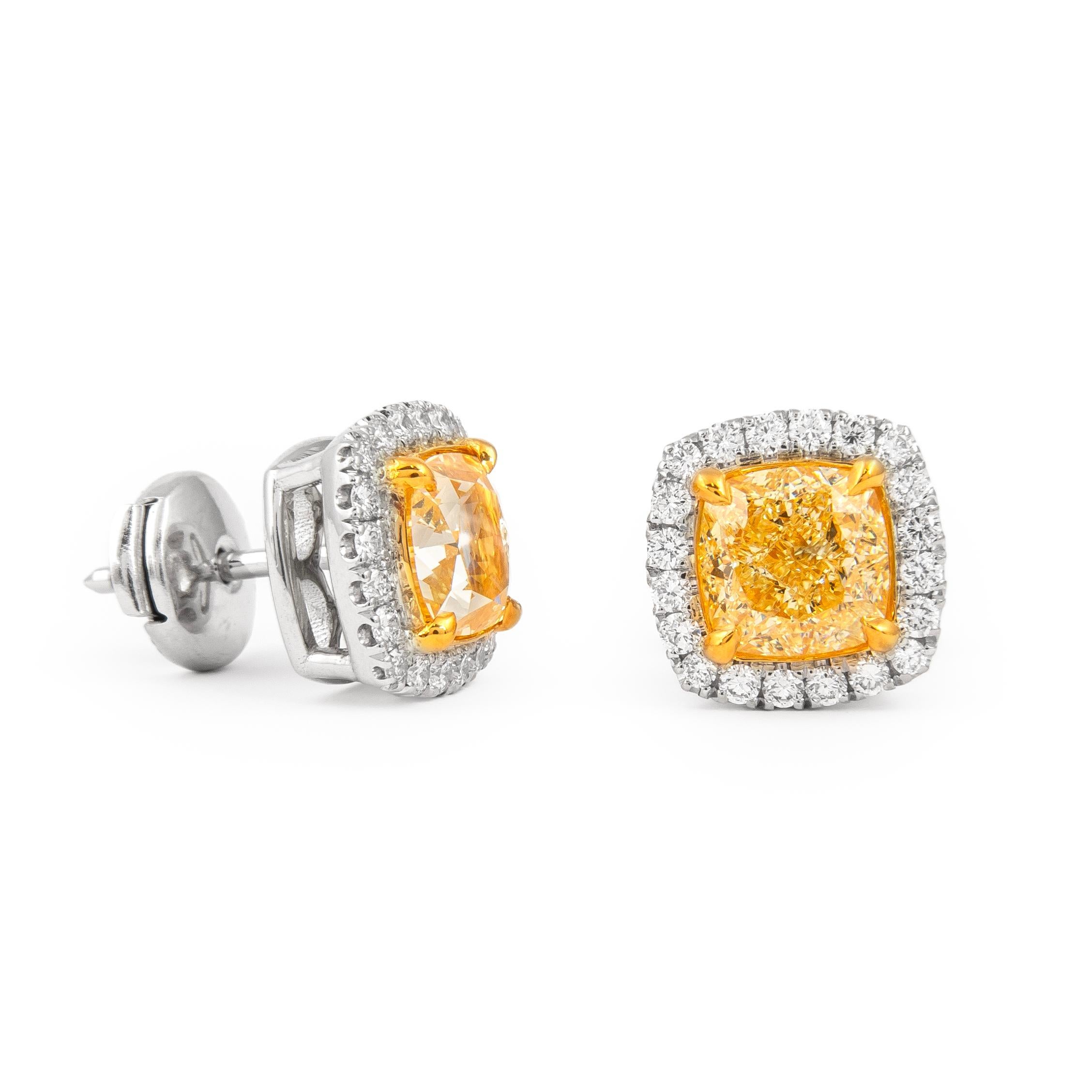 Alexander GIA 3.35ct Fancy Yellow Cushion Diamond with Halo Stud Earrings 18k In New Condition For Sale In BEVERLY HILLS, CA