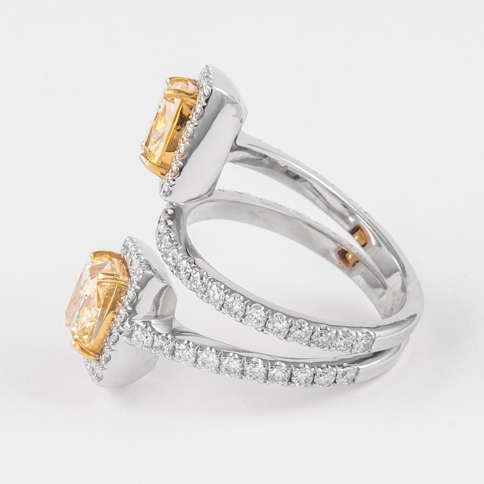 Cushion Cut Alexander GIA 3.41ct Toi et Moi YZ Yellow Diamonds Pave Bypass Ring 18k