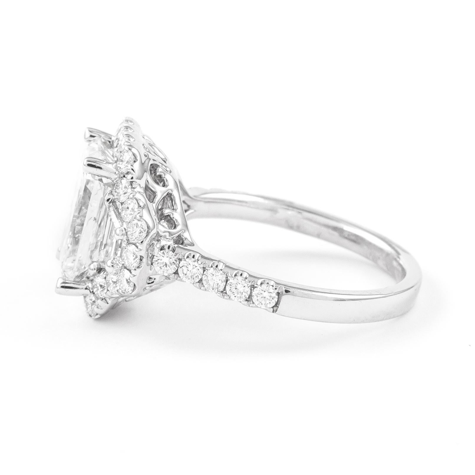 Contemporary Alexander GIA 3ct Radiant Cut Diamond H SI1 Three Stone Ring 18k White Gold For Sale