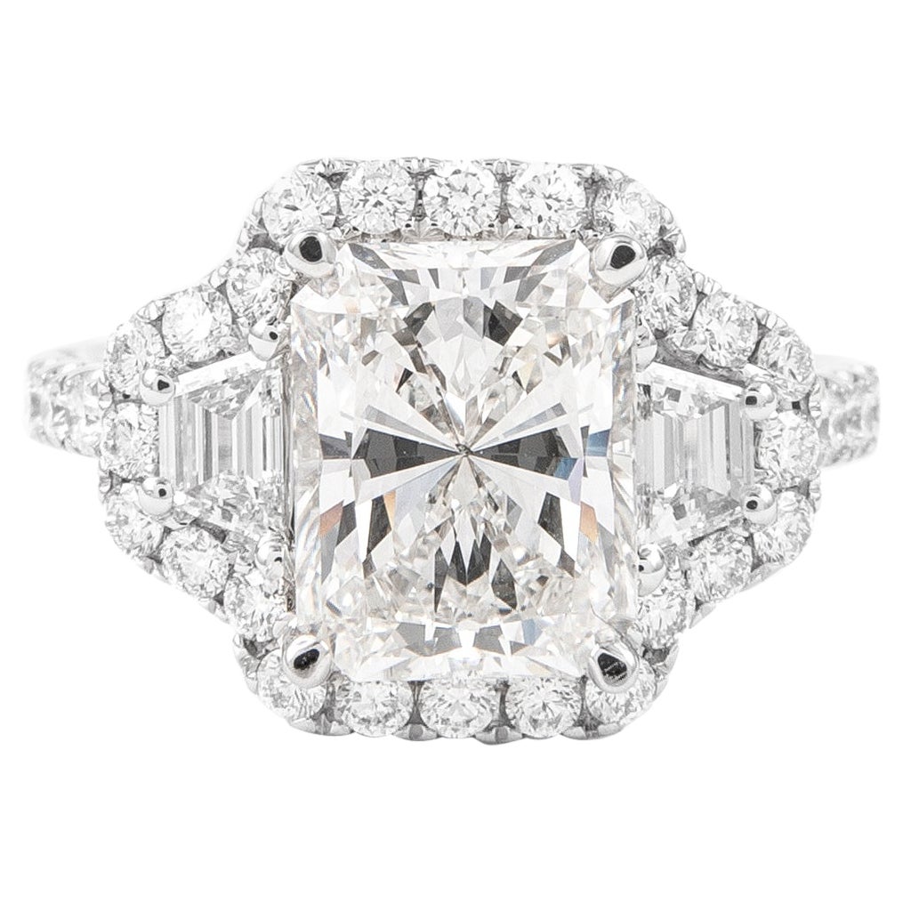 Alexander GIA Bague à trois pierres en or blanc 18 carats avec diamant taille radiant de 3 carats H SI1