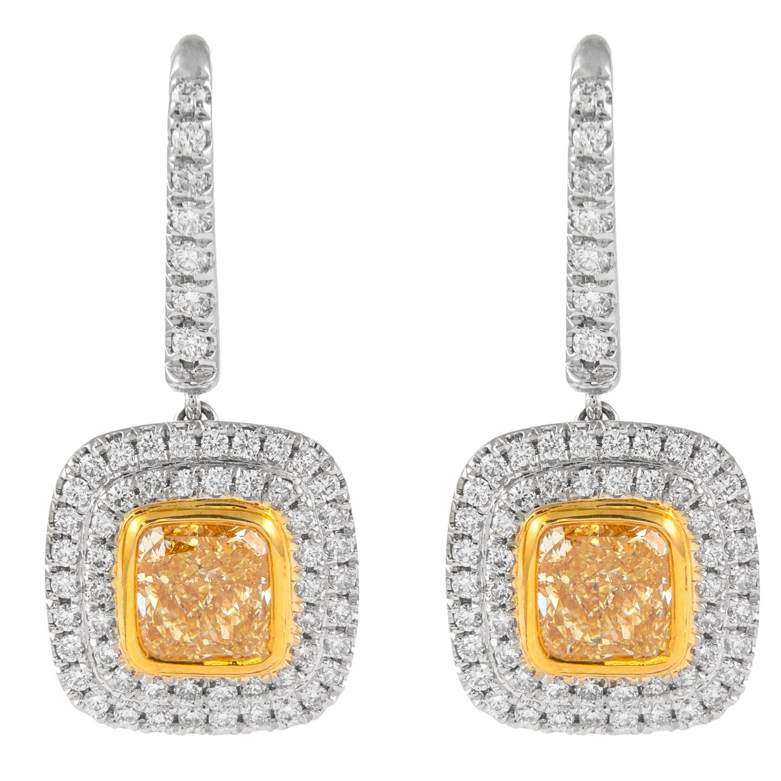 Orecchini a goccia con diamanti gialli Alexander GIA 4,19ct e aureola in oro 18k