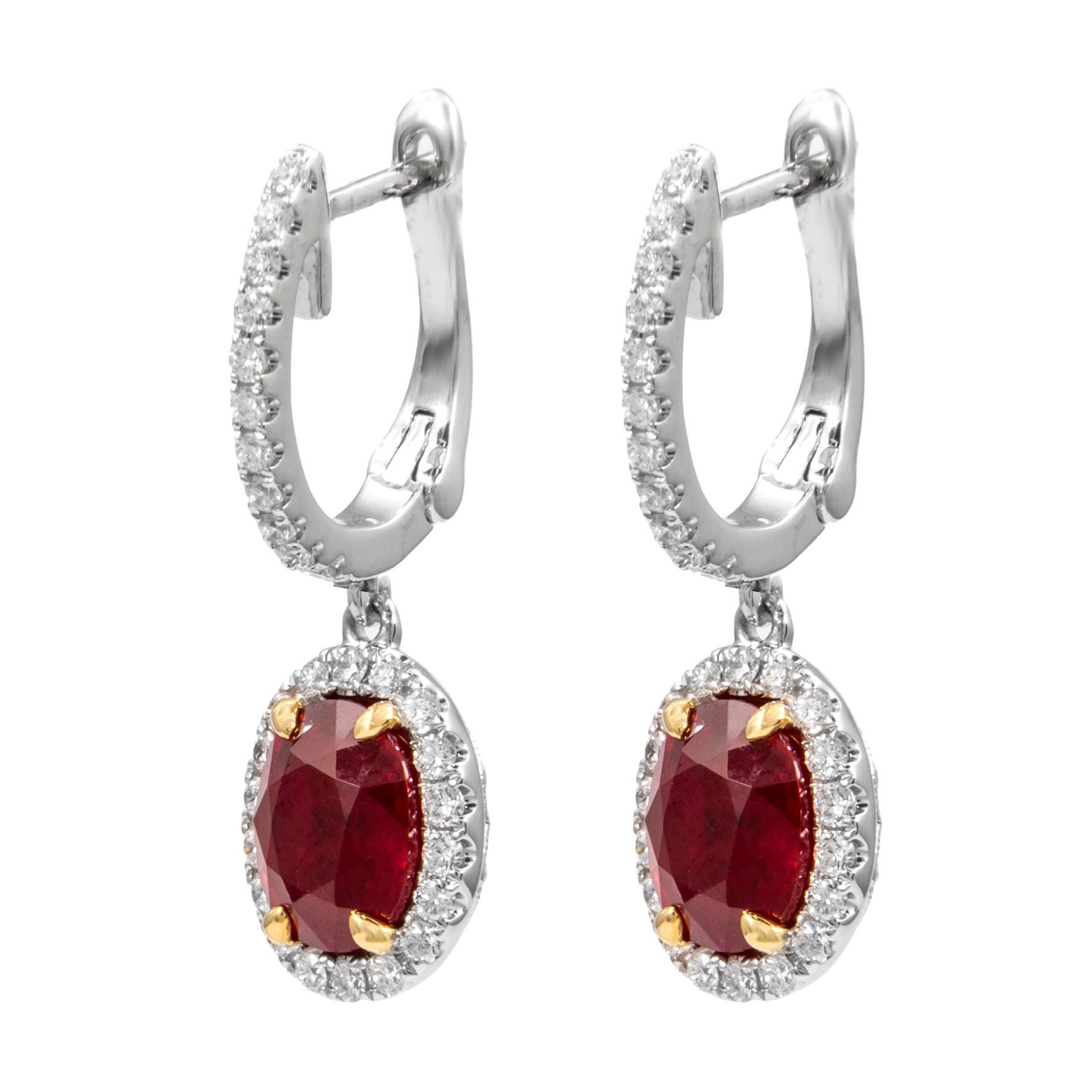 Contemporary Alexander GIA 4.20ct Oval Burmese Ruby with Diamond Halo Drop Earrings 18k Gold For Sale