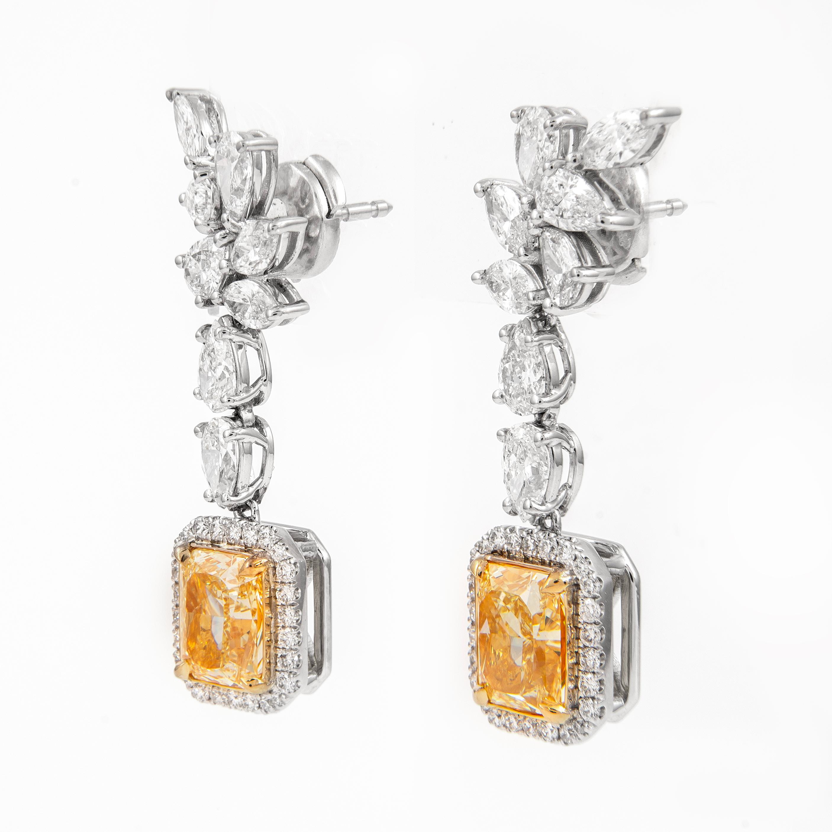 Radiant Cut Alexander GIA 4.45ct Fancy Yellow Diamond Drop Earrings with Halo 18k Gold For Sale