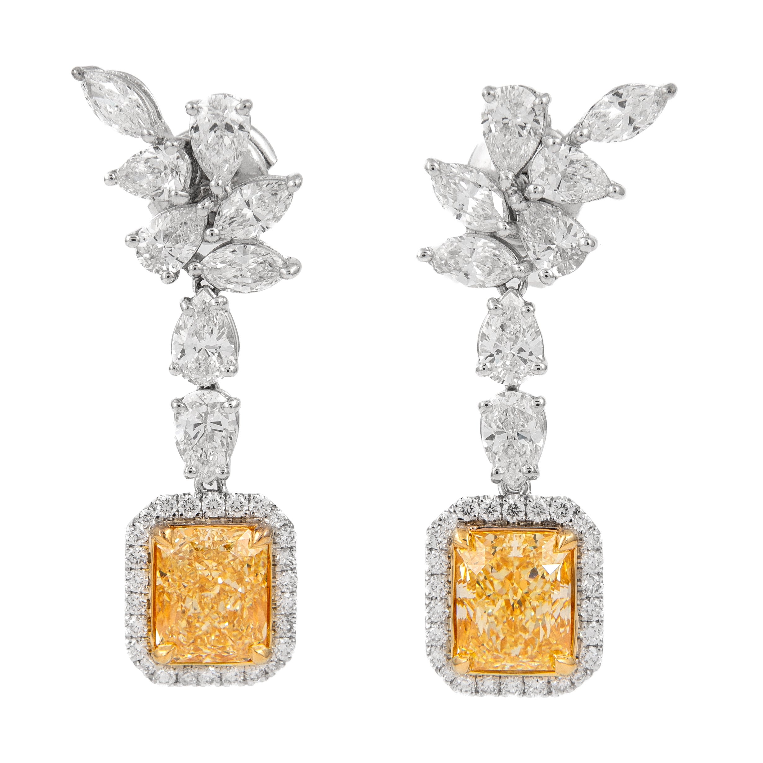 Alexander GIA 4.45ct Fancy Yellow Diamond Drop Earrings with Halo 18k Gold