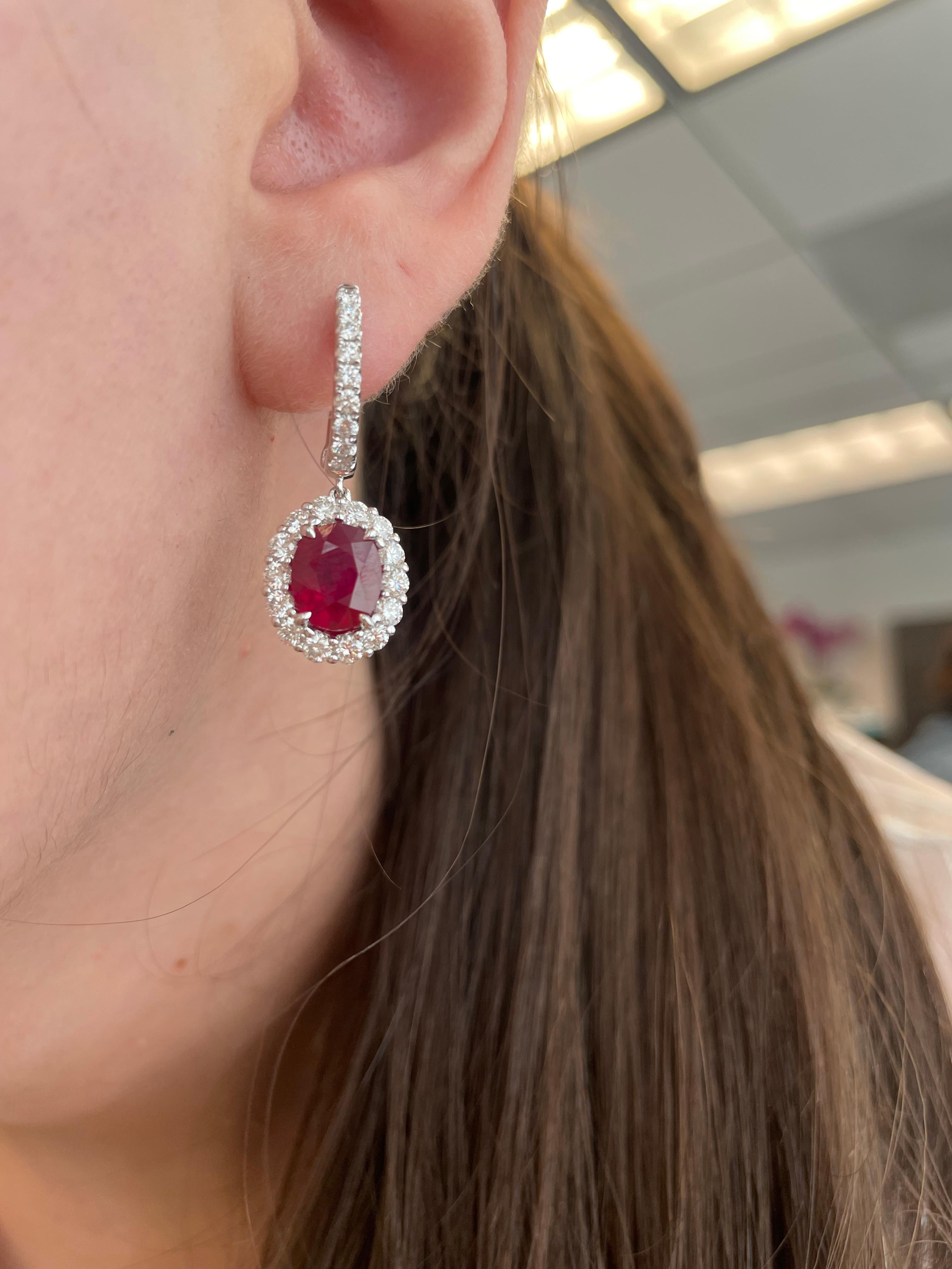 Contemporary Alexander GIA 4.91ct Oval Burmese Ruby with Diamond Halo Drop Earrings 18k Gold For Sale