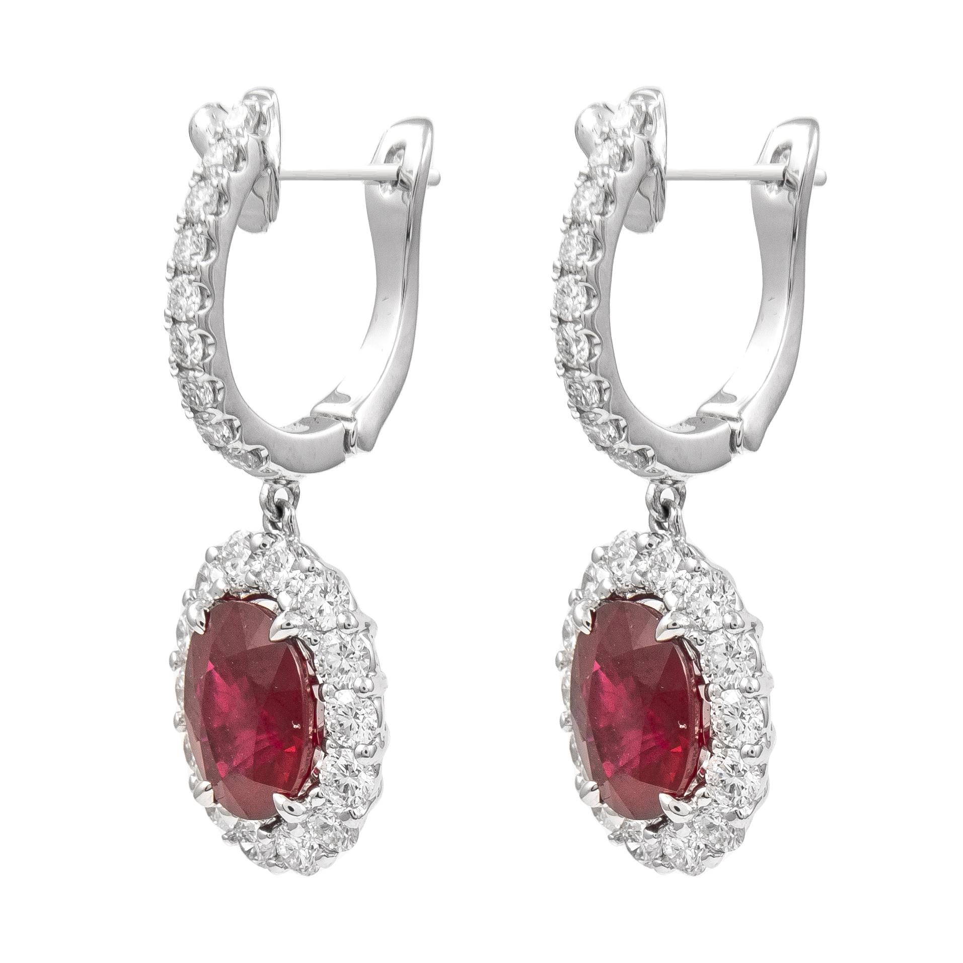Oval Cut Alexander GIA 4.91ct Oval Burmese Ruby with Diamond Halo Drop Earrings 18k Gold For Sale