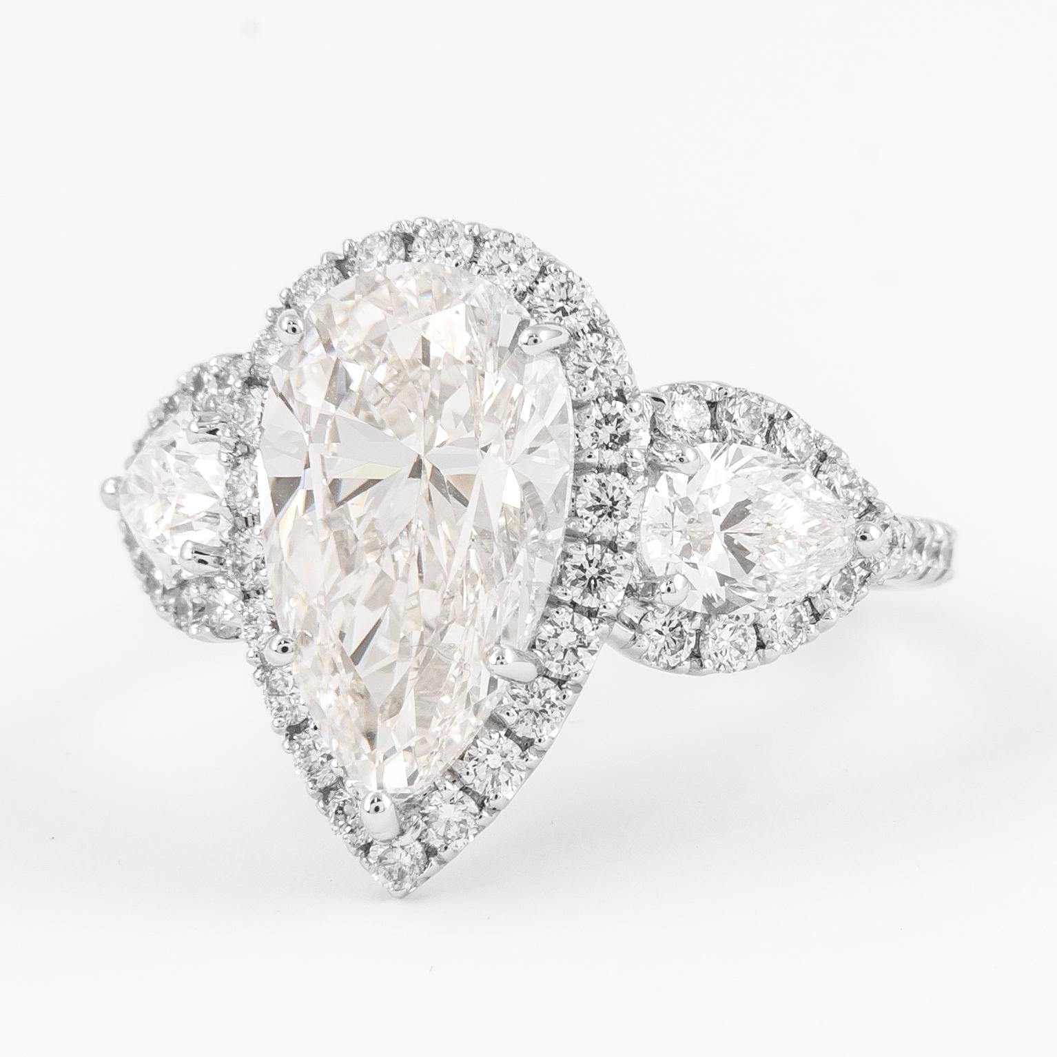 Pear Cut Alexander GIA 4ct Pear Shape Diamond Three Stone Ring 18k White Gold For Sale