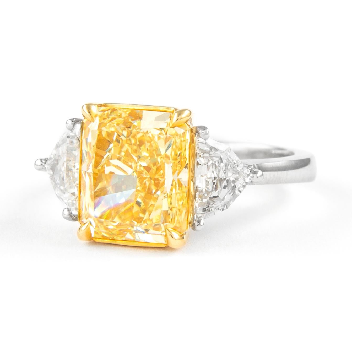 Radiant Cut Alexander GIA 5.01ct Fancy Intense Yellow VS2 Diamond Three-Stone Ring Two Tone