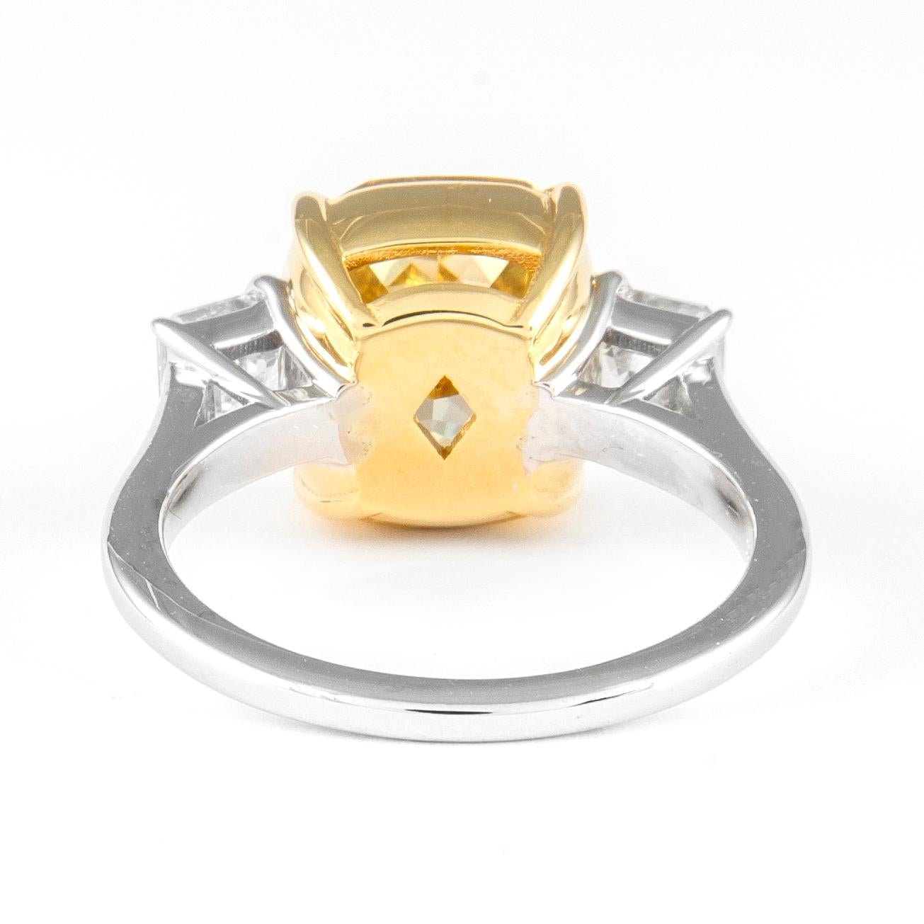Cushion Cut Alexander GIA 5.03ct Fancy Yellow Diamond Three-Stone Ring 18k Two Tone For Sale