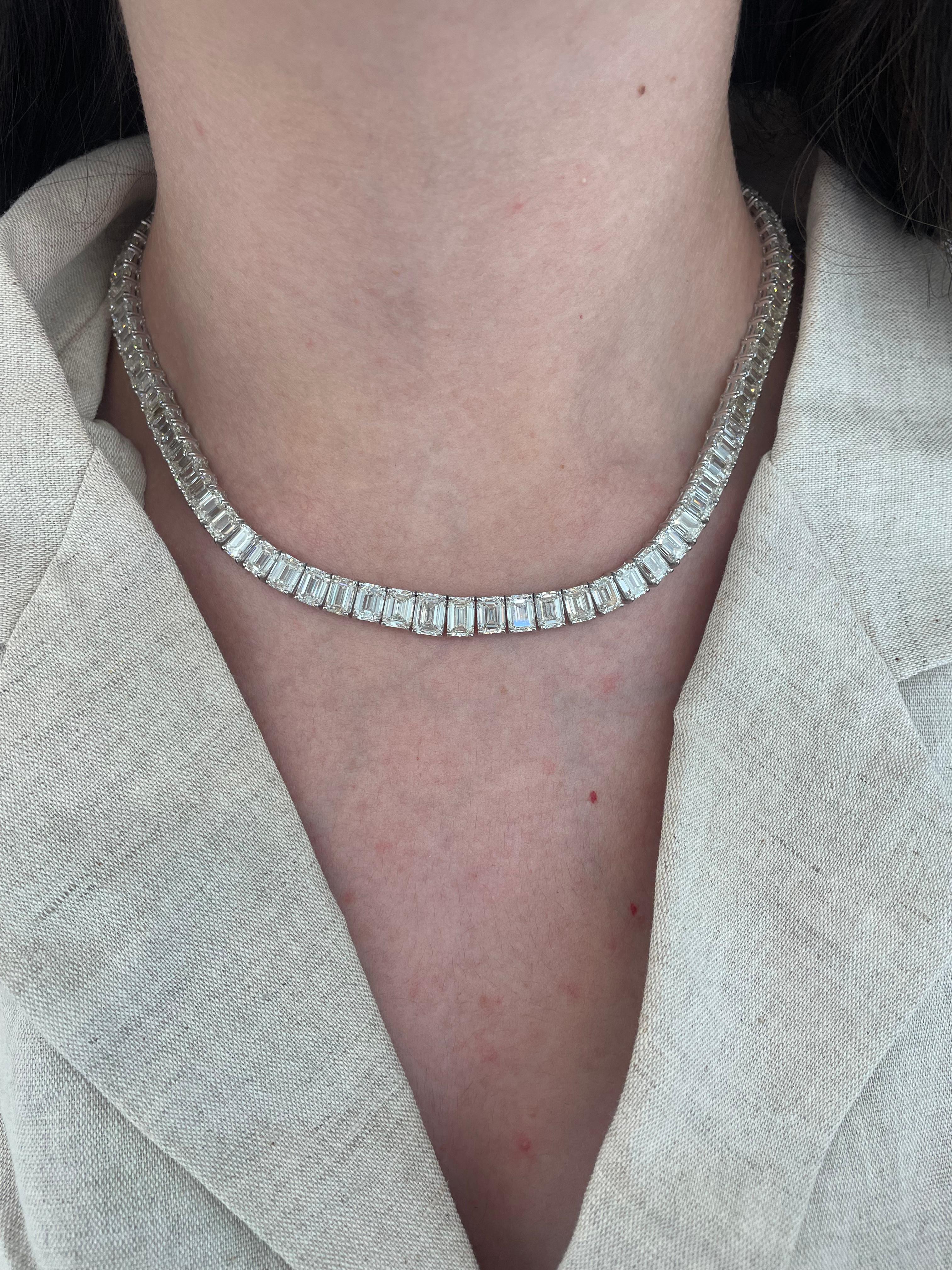 Beautiful and classic diamond tennis riviera necklace, GIA certified, by Alexander Beverly Hills.
101 emerald cut diamonds diamonds, 55.79 carats, 11 stones GIA certified. Approximately H-K color and VVS1-VS2 clarity. 18k white gold,