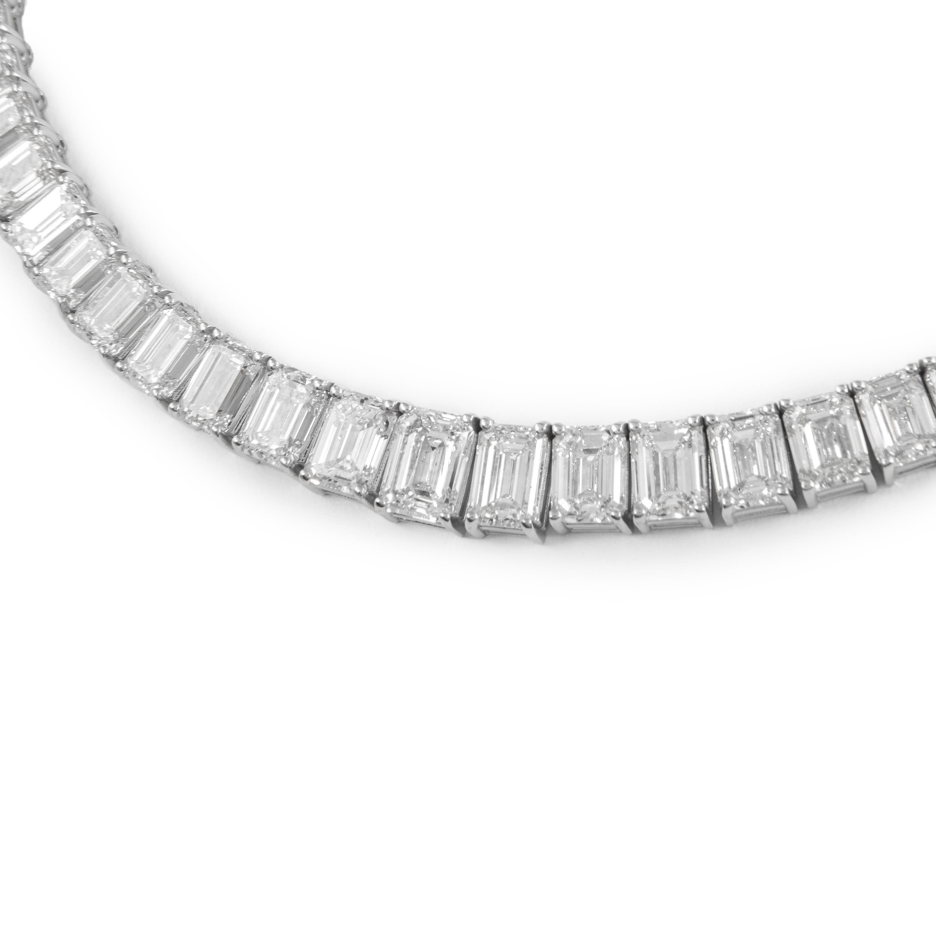 Contemporary Alexander GIA 55.79 Carat Emerald Cut Diamond Tennis Necklace 18k White Gold For Sale