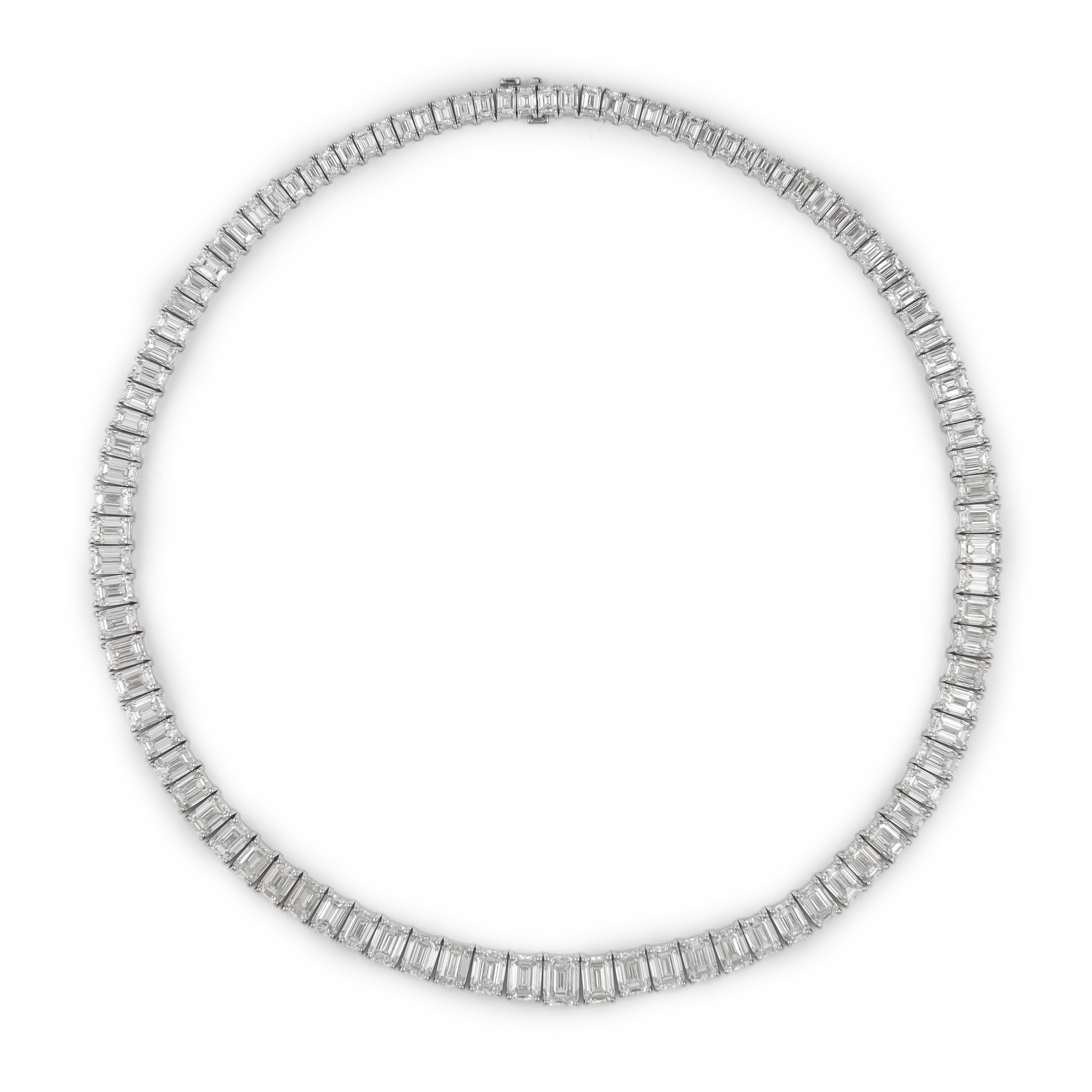 Alexander GIA 55.79 Carat Emerald Cut Diamond Tennis Necklace 18k White Gold In New Condition For Sale In BEVERLY HILLS, CA
