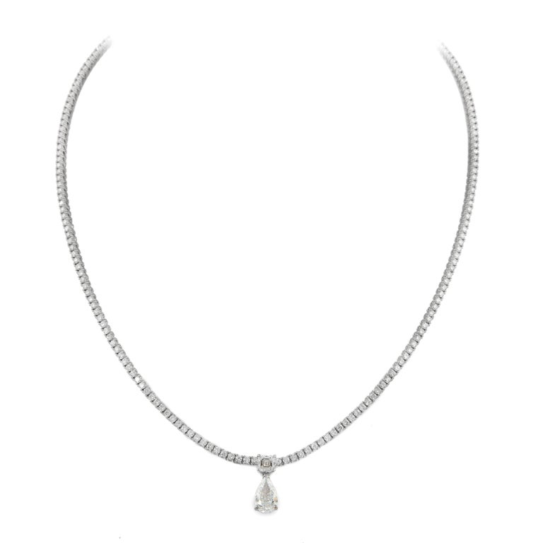 Pear Cut Alexander GIA 6.33 Carat Diamond Tennis Necklace 18 Karat White Gold For Sale