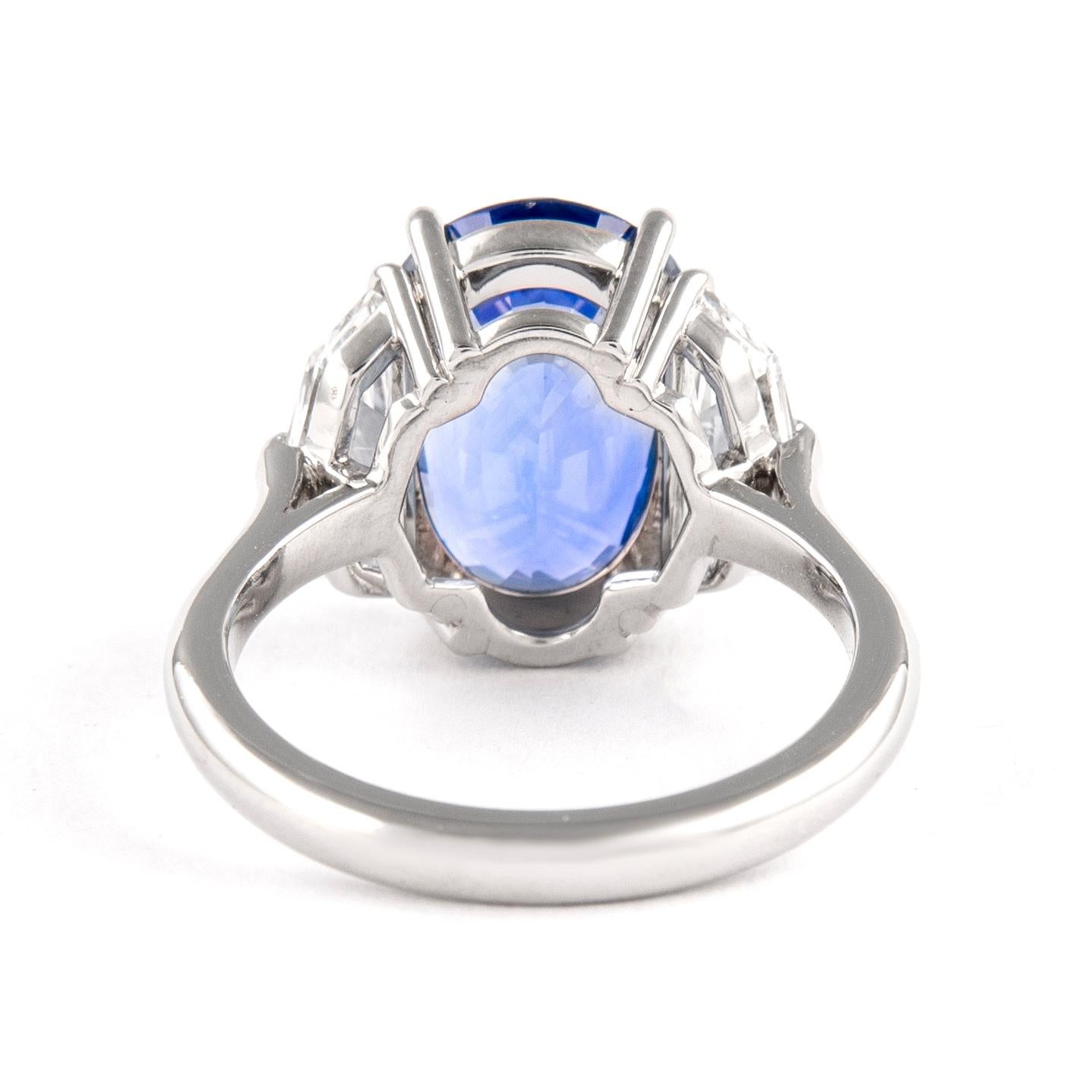 Contemporary Alexander GIA 6.65 Carat Ceylon Sapphire with Diamonds Three-Stone Ring Platinum For Sale