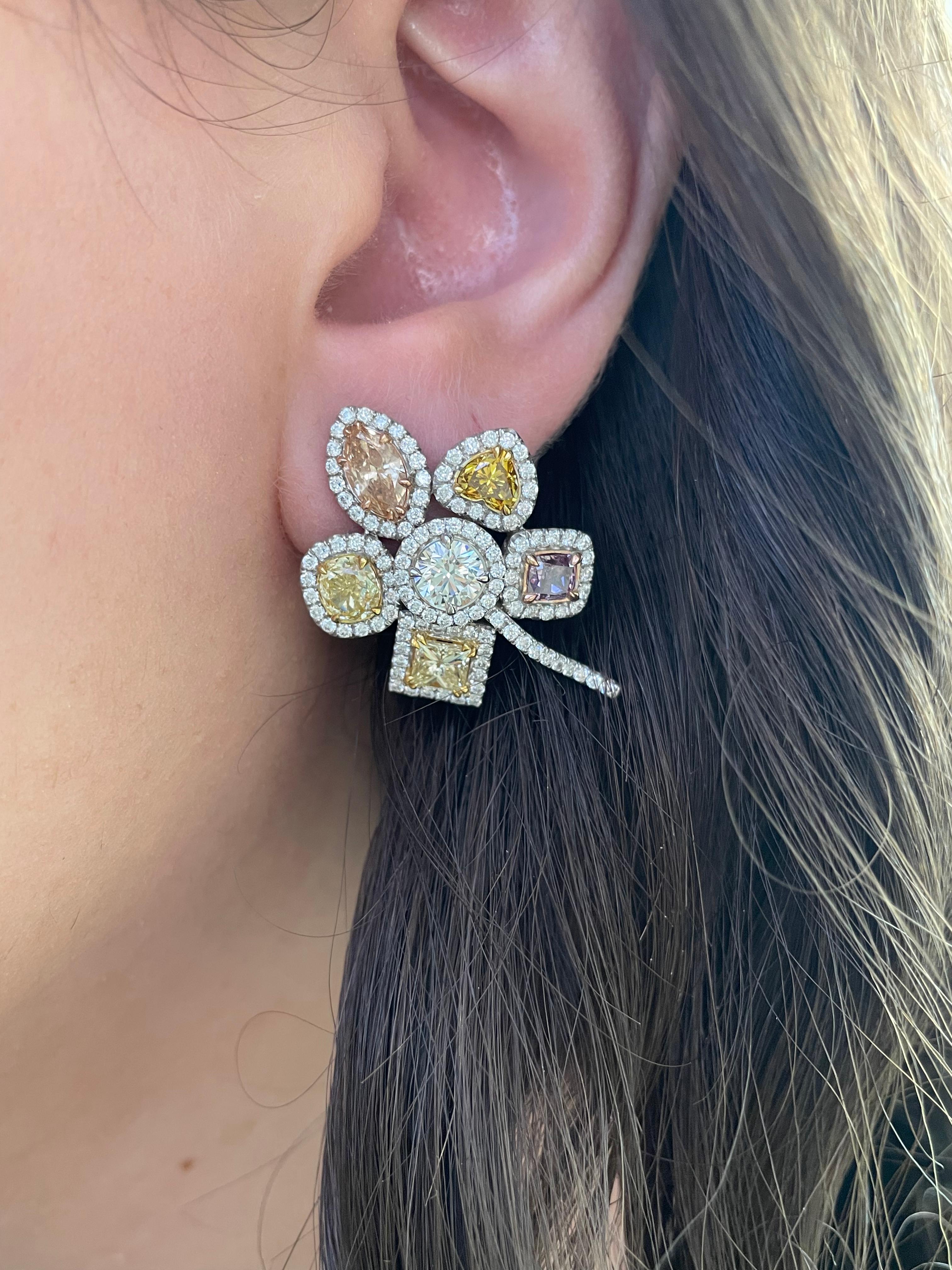 Modern Alexander Beverly Hills GIA 8.21ct Fancy Color Diamond Floral Earrings 18k Gold For Sale