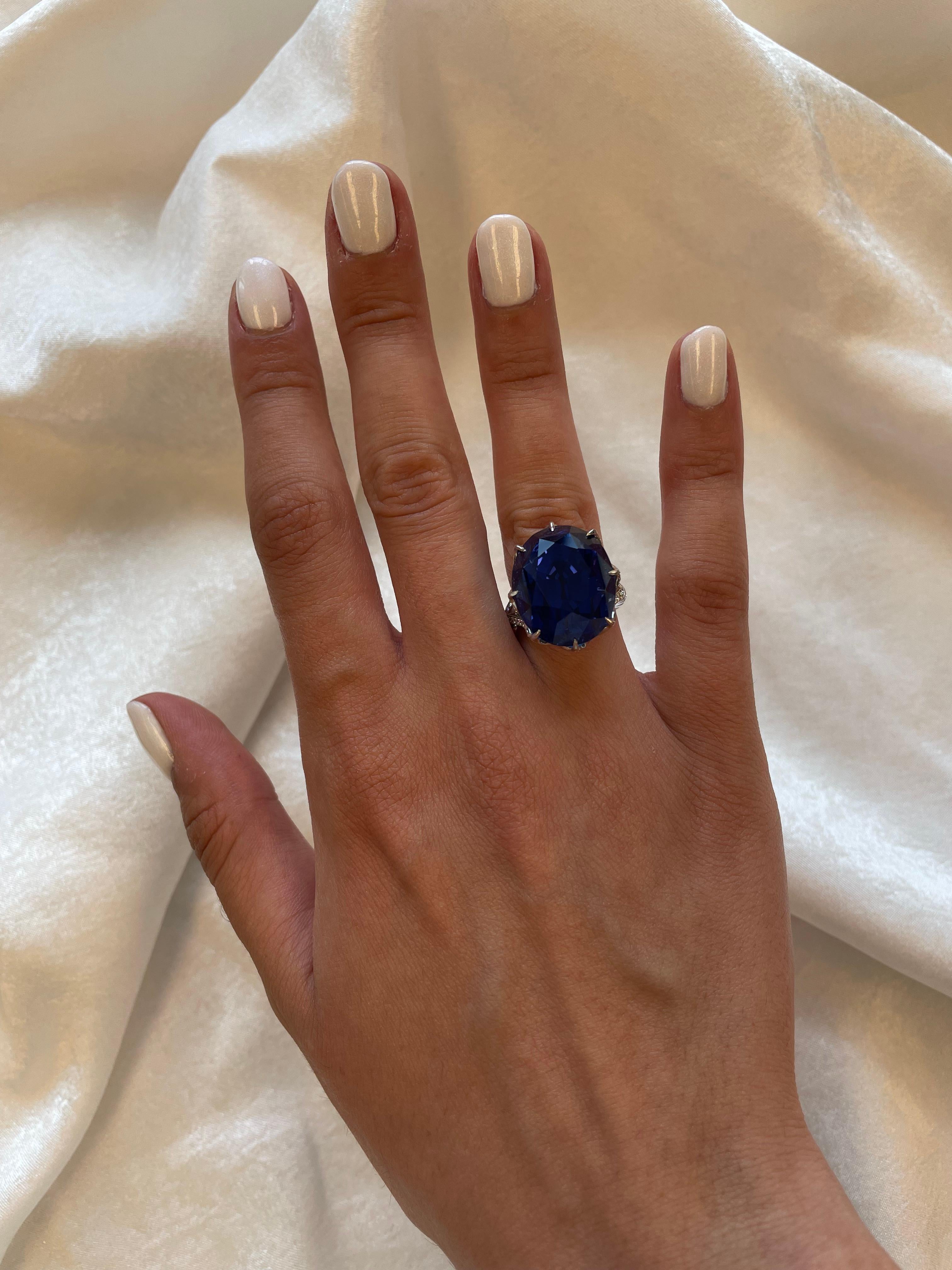 Contemporary Alexander GIA & AGL 37.52ct Ceylon Sapphire with Diamonds Platinum Ring For Sale