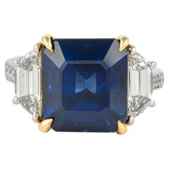 Alexander GIA & AGL 8.99ct Emerald Cut Sapphire with Diamonds Three-Stone Ring