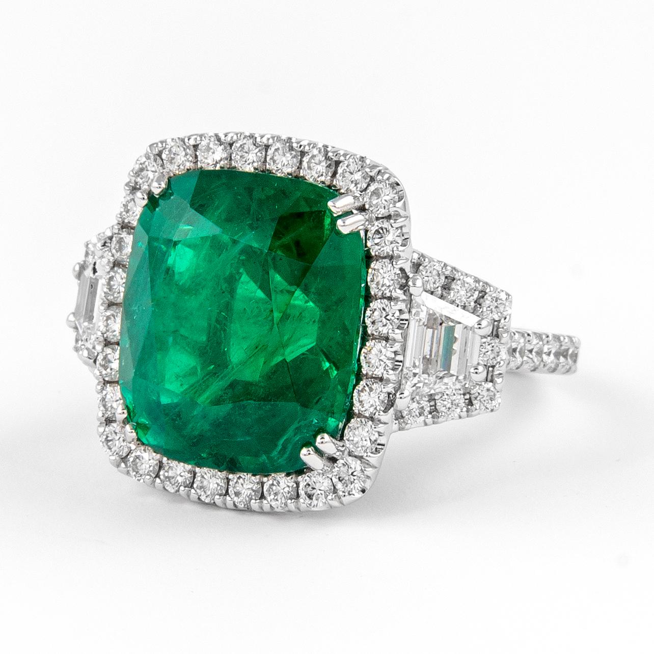 Emerald Cut Alexander GIA & C.Dunaigre 11.24ct Emerald & Diamond Three Stone Halo Ring 18k For Sale