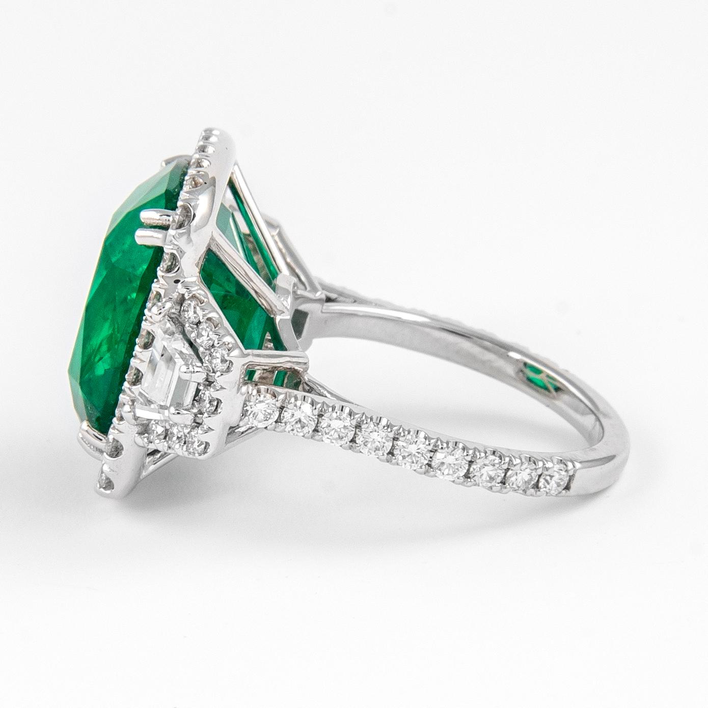 Alexander GIA & C.Dunaigre 11.24ct Emerald & Diamond Three Stone Halo Ring 18k In New Condition For Sale In BEVERLY HILLS, CA