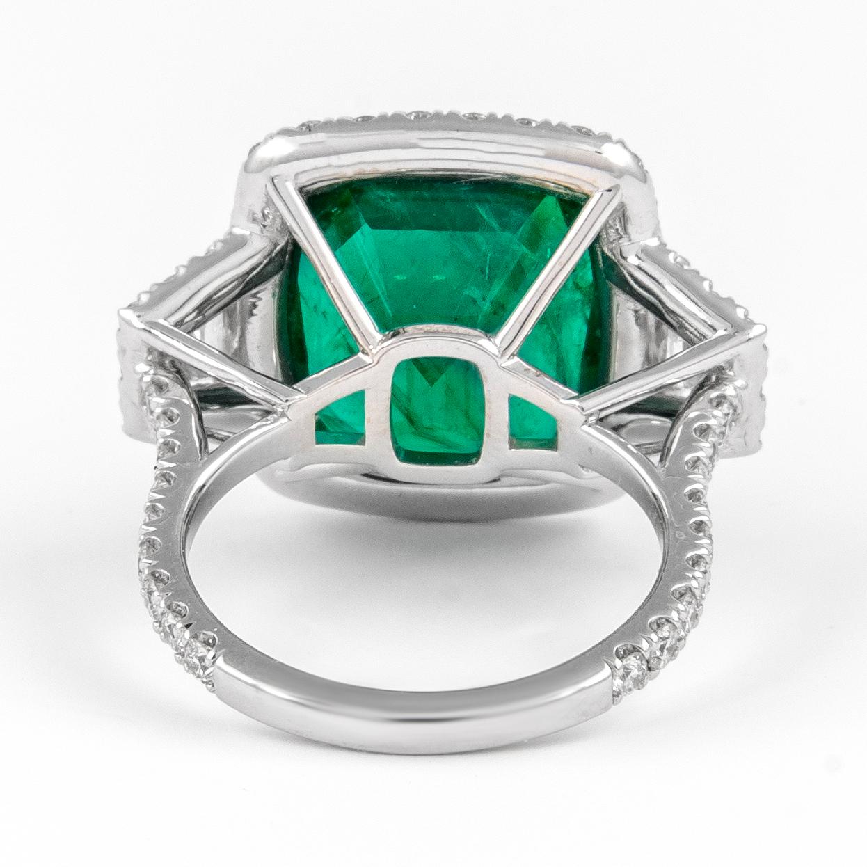 Women's Alexander GIA & C.Dunaigre 11.24ct Emerald & Diamond Three Stone Halo Ring 18k For Sale