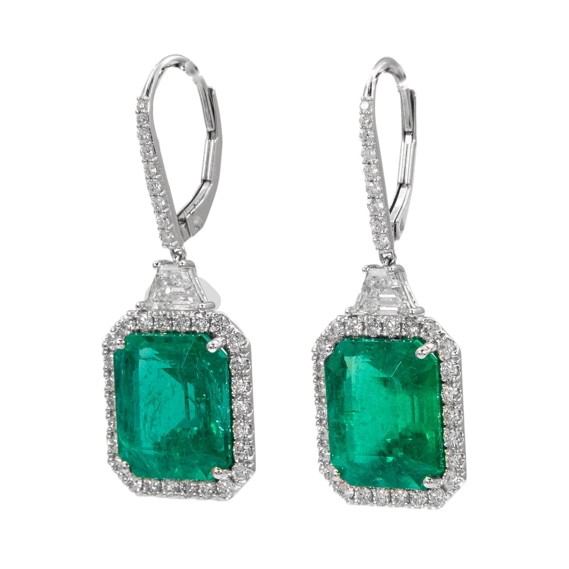 Contemporary Alexander GIA & C.Dunaigre 13.08ct Emerald with Diamond Halo Drop Earrings 18k For Sale