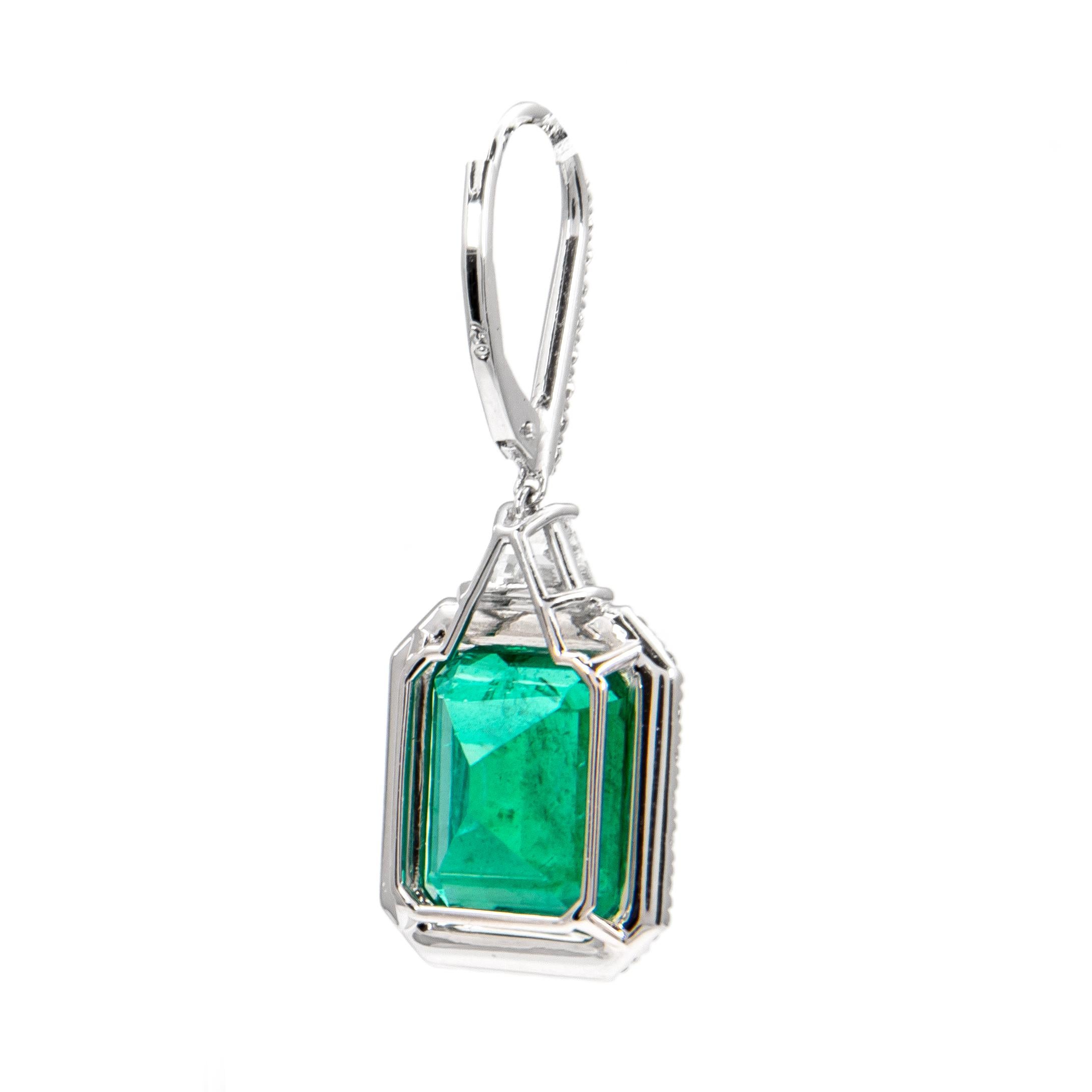 Emerald Cut Alexander GIA & C.Dunaigre 13.08ct Emerald with Diamond Halo Drop Earrings 18k For Sale