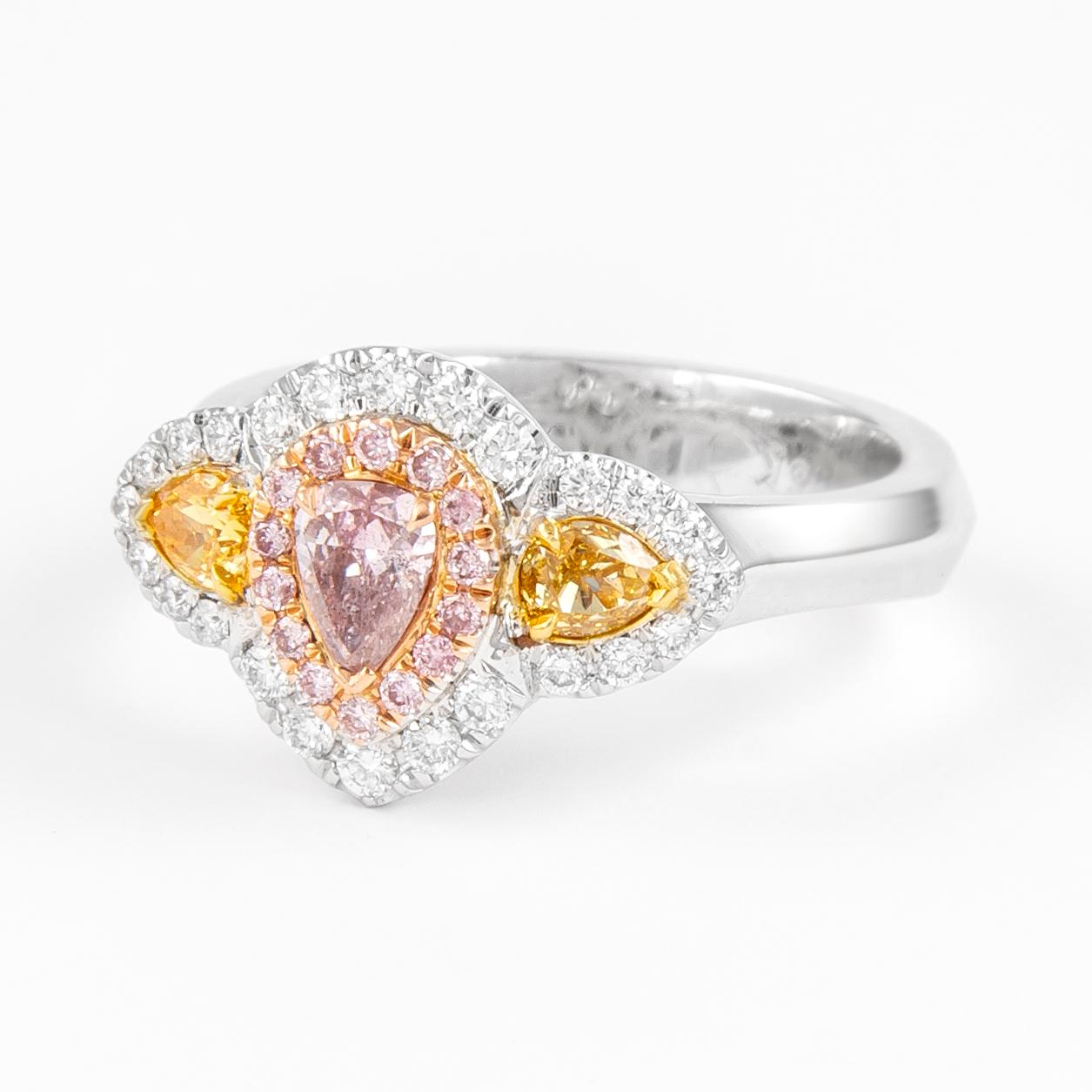 Pear Cut Alexander GIA Certified 0.87ctt Fancy Purplish Pink Diamond Three Stone Ring 18k