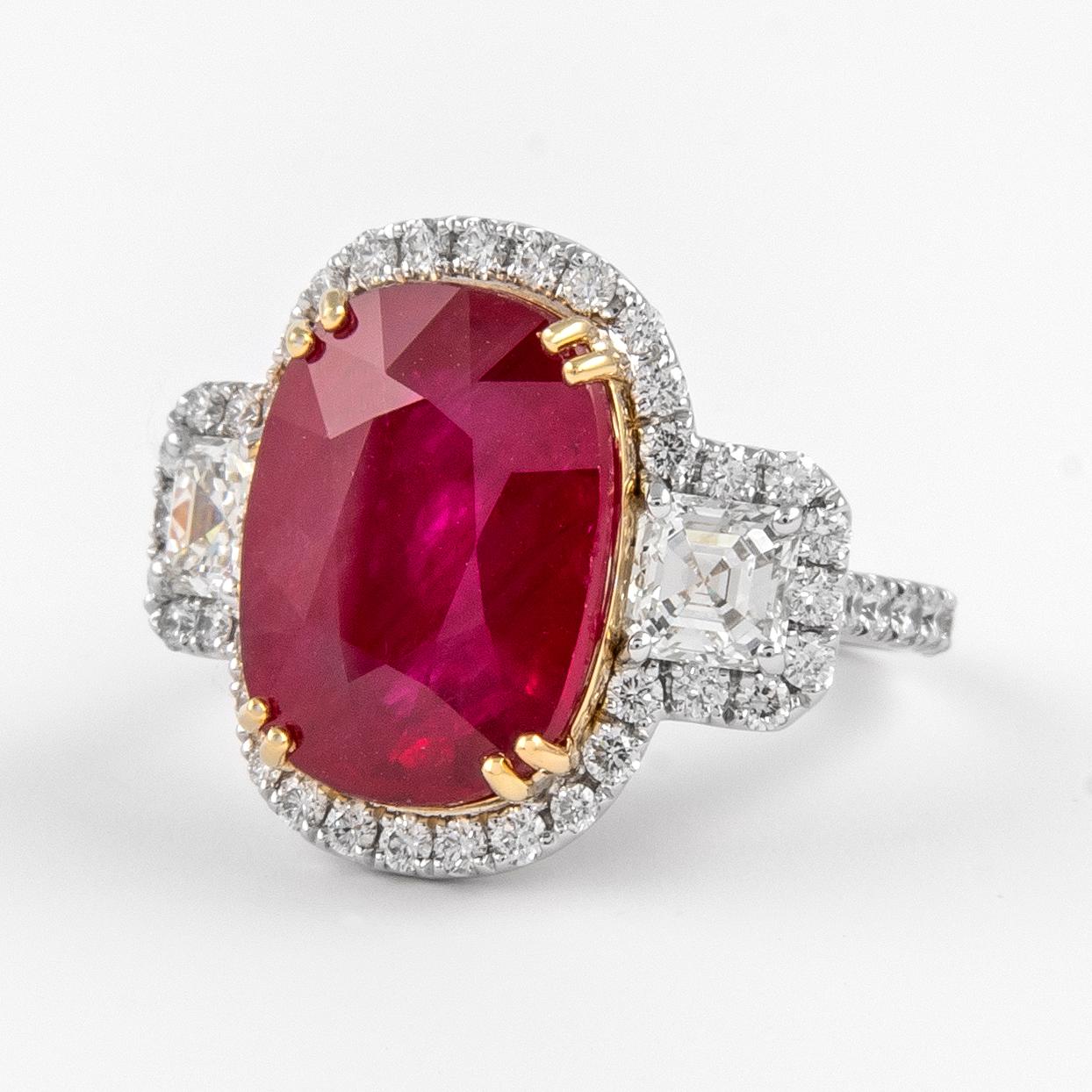 Contemporary Alexander GIA Certified 10.24ct Ruby with Diamond Three Stone Halo Ring 18k For Sale