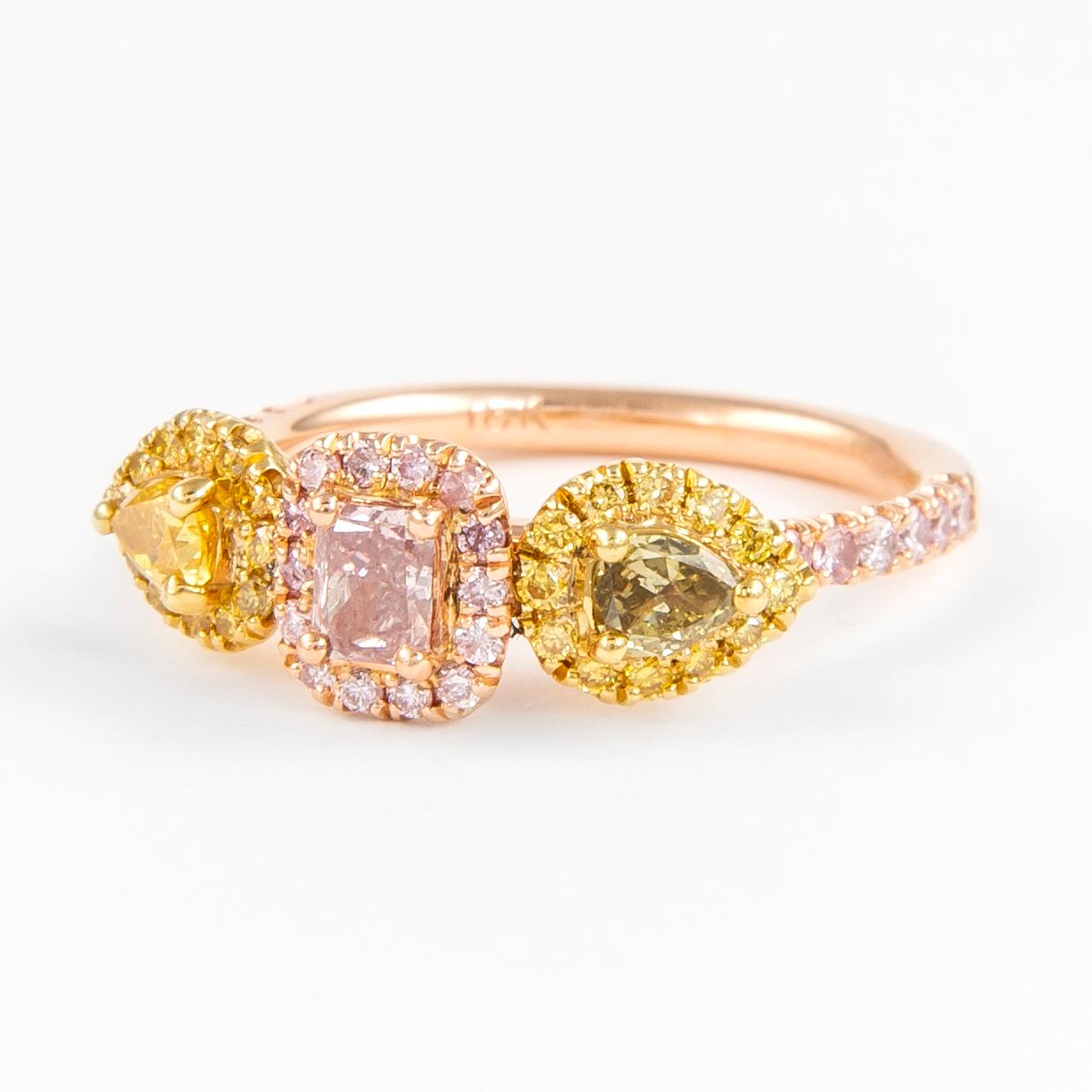 Contemporary Alexander GIA Certified 1.08ctt Fancy Purplish Pink Diamond Three Stone Ring 18k