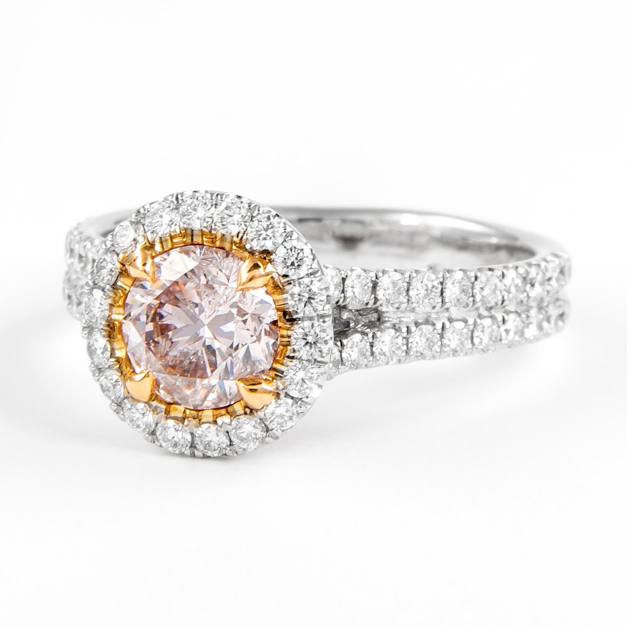 Round Cut Alexander GIA Certified 1.44ctt Pink Diamond with Halo Ring 18k Two Tone Gold For Sale