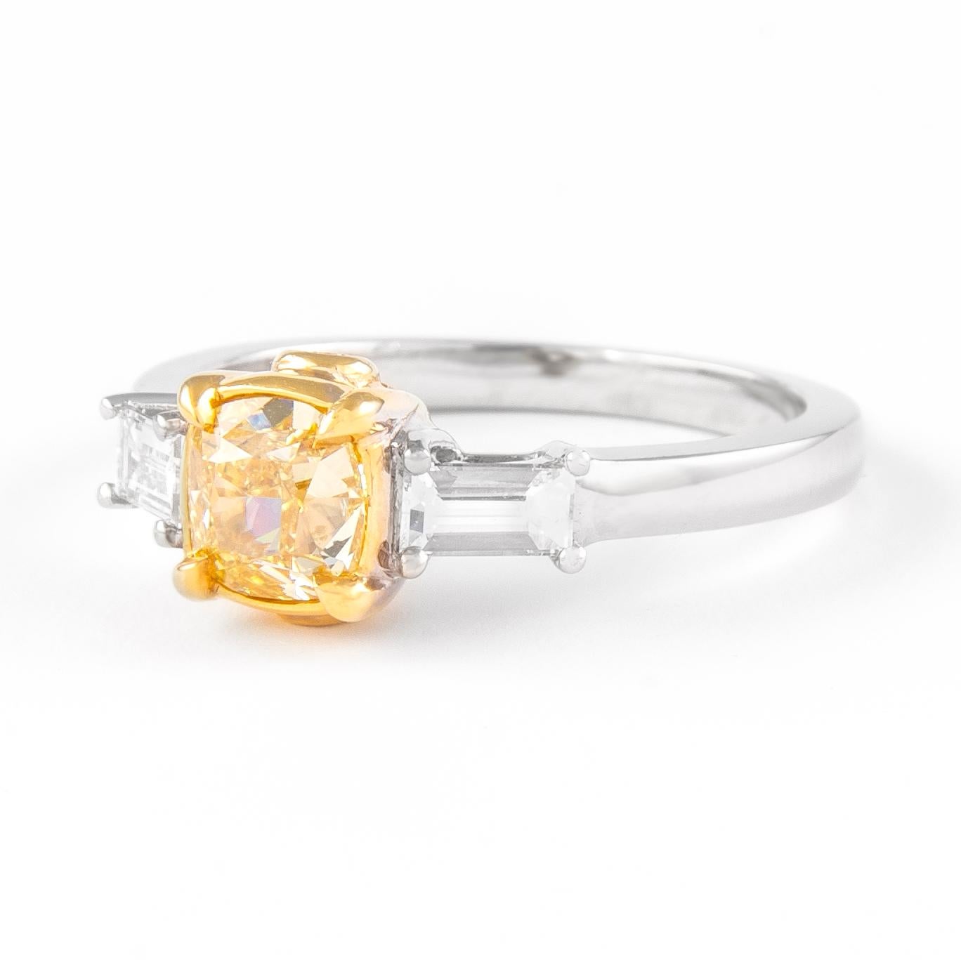 Cushion Cut Alexander GIA Certified 1ct Fancy Intense Yellow Diamond Three Stone Ring 18k For Sale