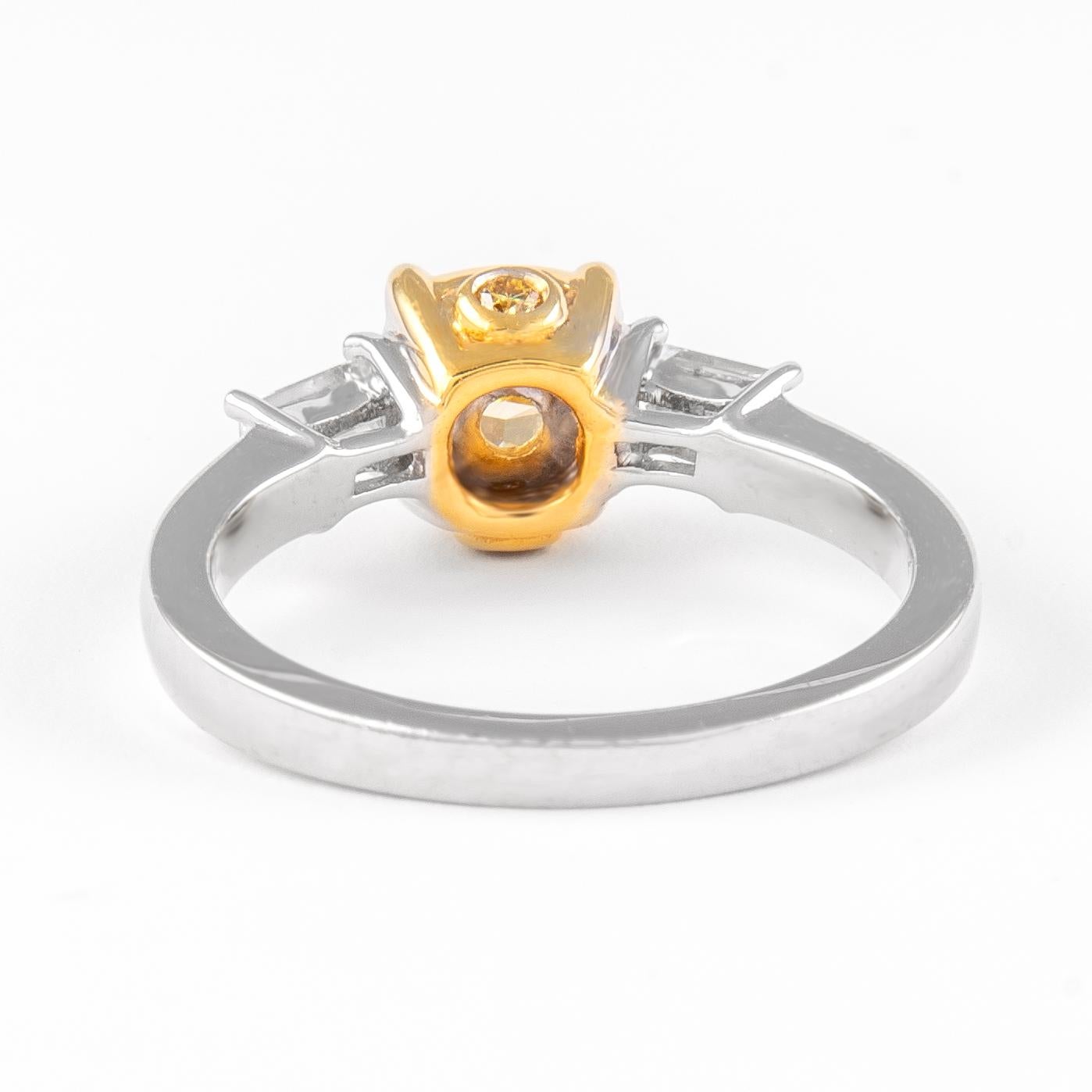 Women's Alexander GIA Certified 1ct Fancy Intense Yellow Diamond Three Stone Ring 18k For Sale