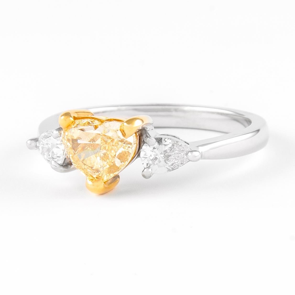 Cushion Cut Alexander GIA Certified 1ct Fancy Yellow Diamond Three Stone Ring 18k Two Tone For Sale