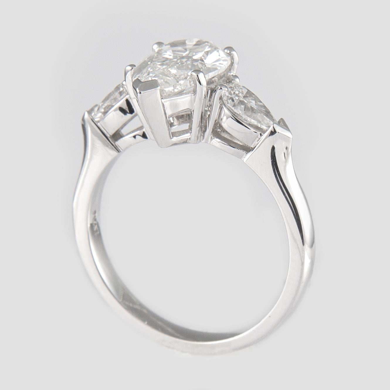 Women's Alexander GIA Certified 2.01 Carat Pear Cut Diamond Three-Stone Ring Platinum For Sale