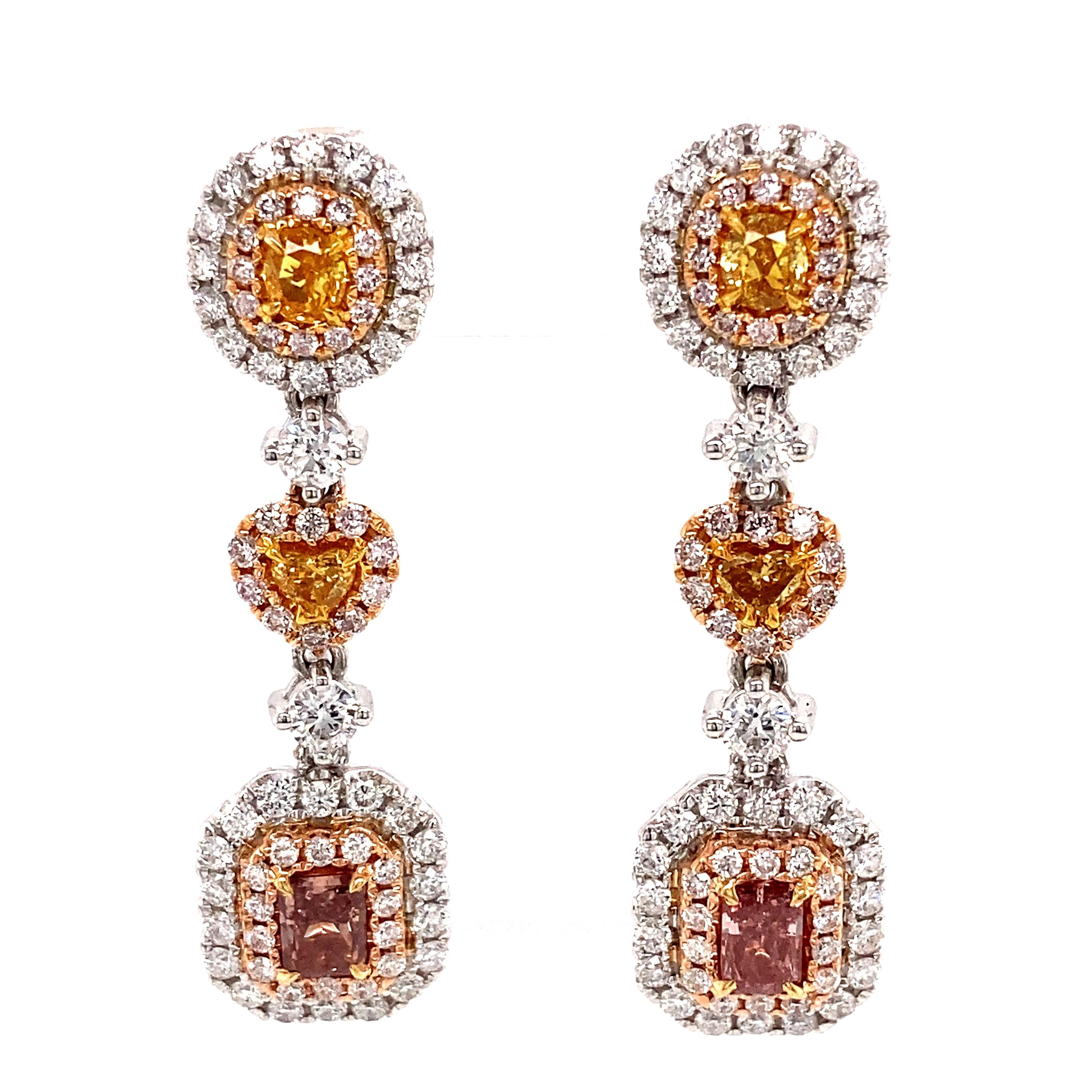 Radiant Cut Alexander GIA Certified 2.82ctt Fancy Intense Pink & Yellow Diamond Earrings 18k For Sale