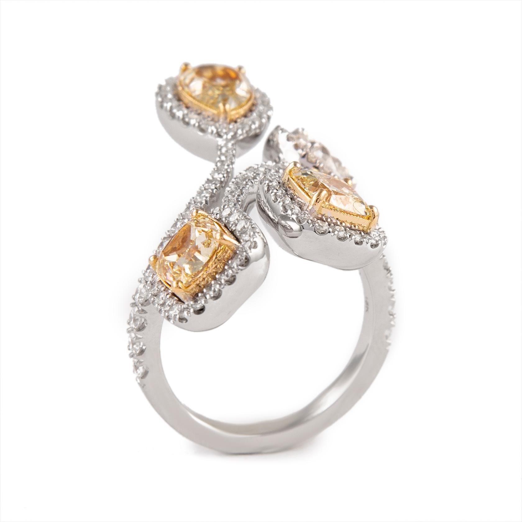 Alexander GIA Certified 3.06ct Fancy Yellow Diamond Bypass Ring 18k Gold For Sale 2