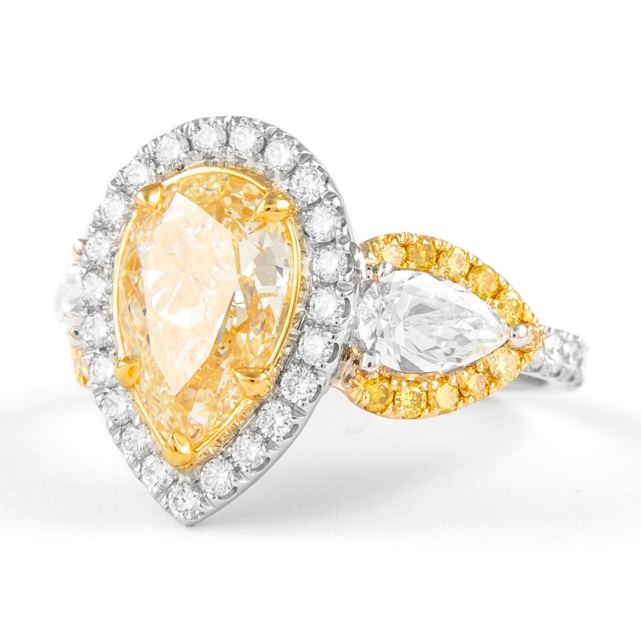 Pear Cut Alexander GIA Certified 3.09ct Fancy Yellow Diamond Three-Stone Halo Ring 18k For Sale