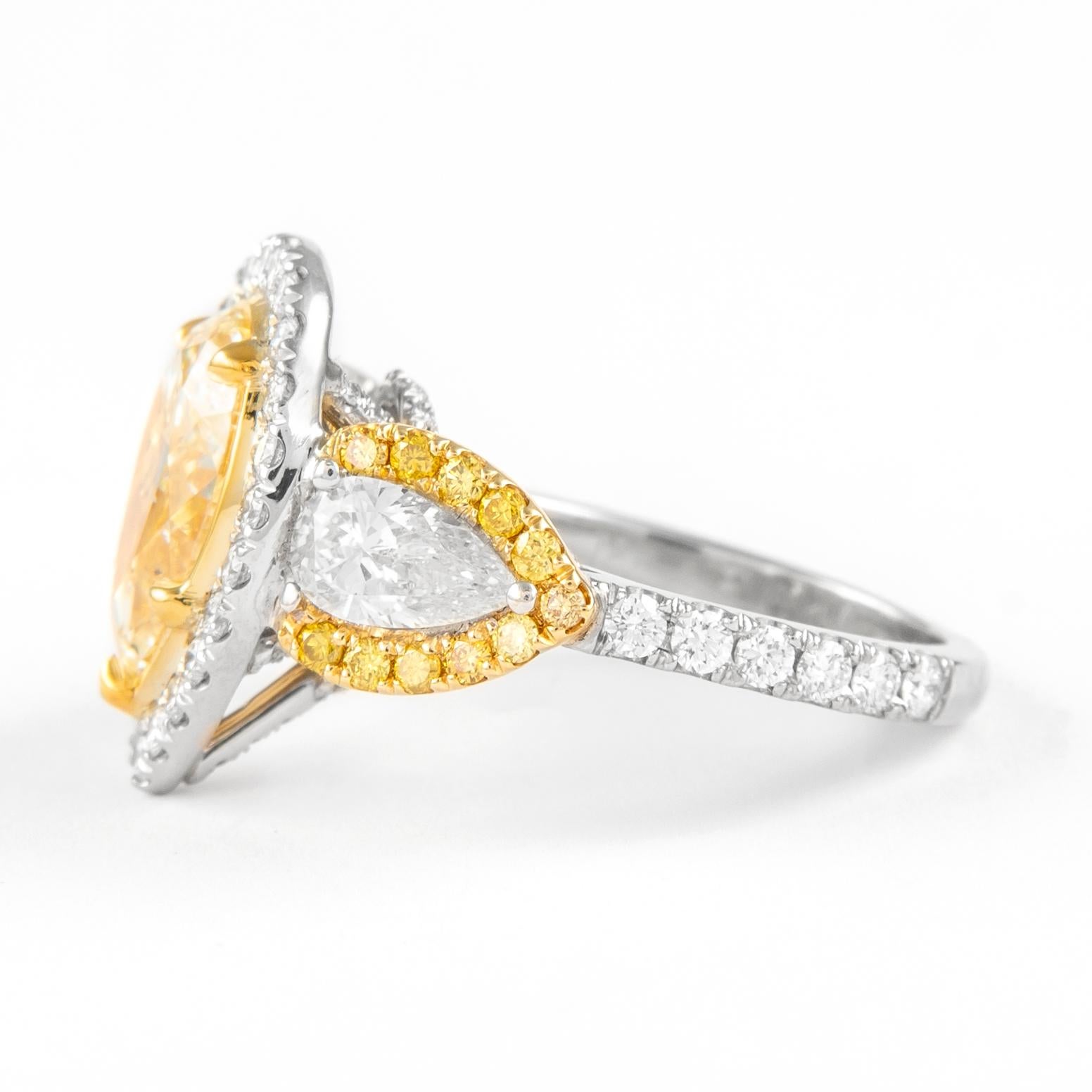 Alexander GIA Certified 3.09ct Fancy Yellow Diamond Three-Stone Halo Ring 18k In New Condition For Sale In BEVERLY HILLS, CA