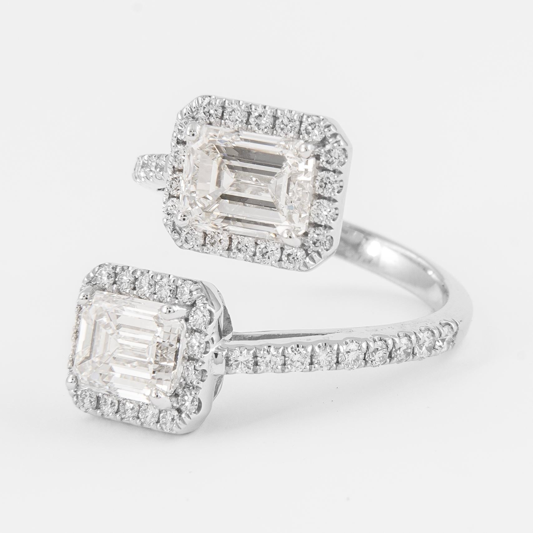 Modern Alexander GIA Certified 3.89ctt Toi et Moi Emerald Cut Diamonds Pave Bypass Ring For Sale