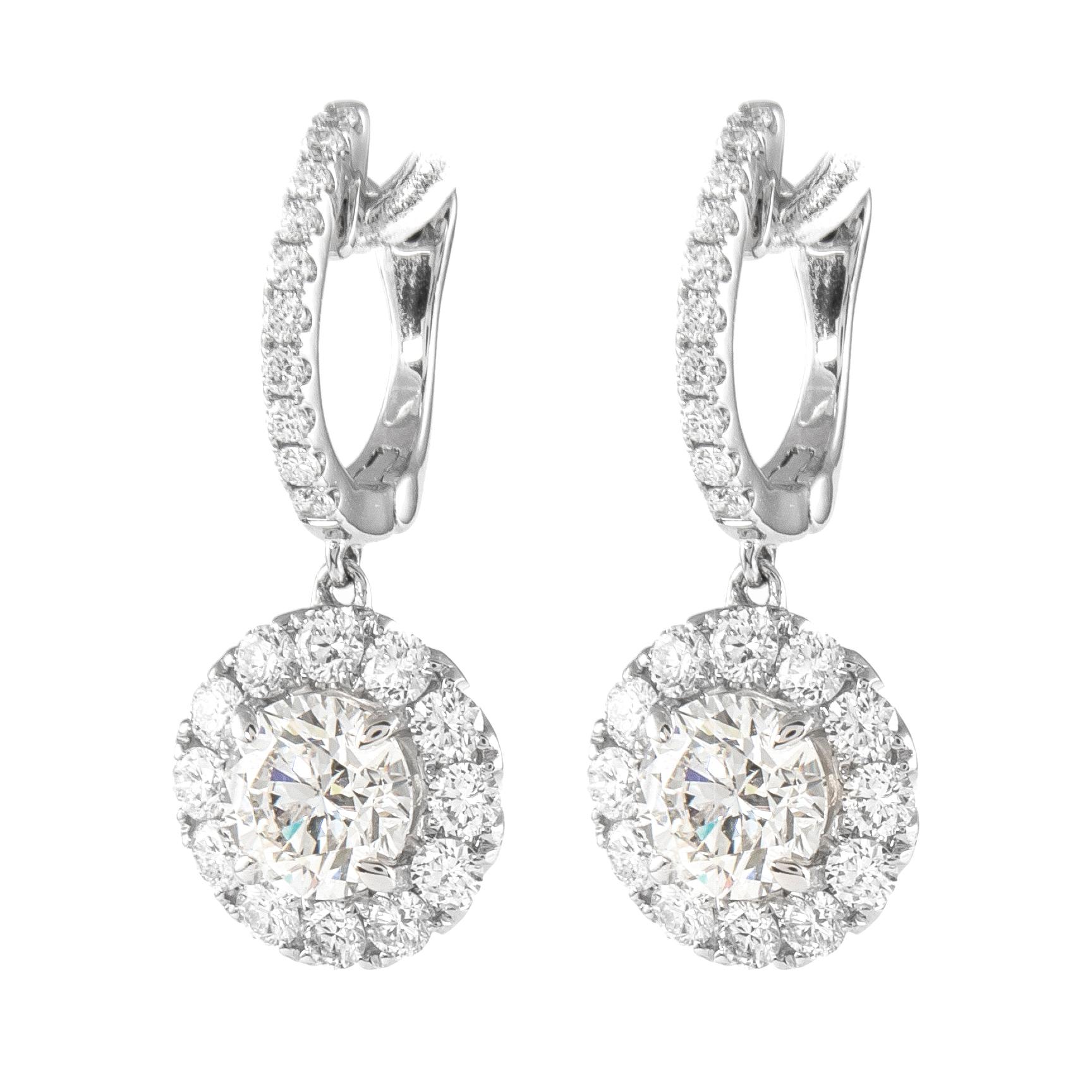 Alexander GIA Certified 3ct Round Diamond Drop Earrings with Halo 18k White Gold In New Condition For Sale In BEVERLY HILLS, CA