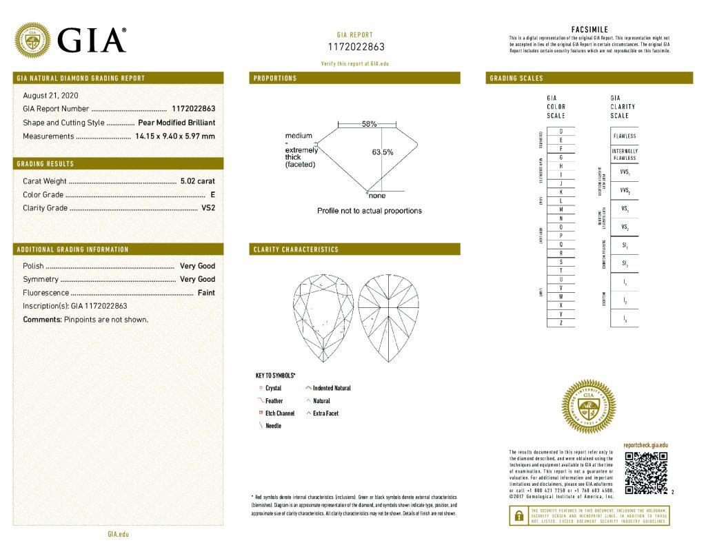 Pear Cut Alexander GIA Certified 5.02 Carat E VS2 Pear Diamond